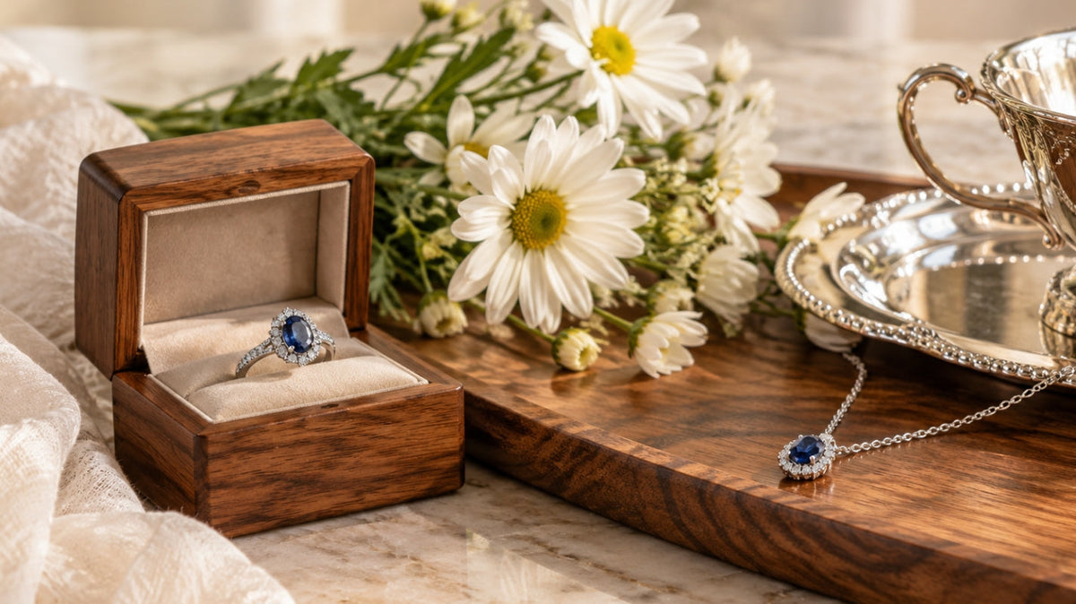 Elegant 5th anniversary still life with wooden keepsake box, sapphire ring and pendant, white daisies, and polished silver serving pieces.