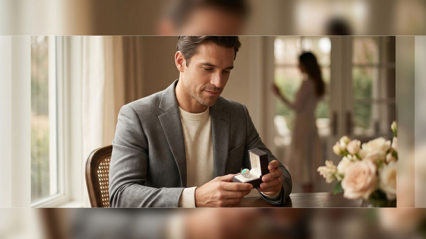 Thoughtful proposal buyer choosing a faceted Ethiopian opal engagement ring for a meaningful proposal