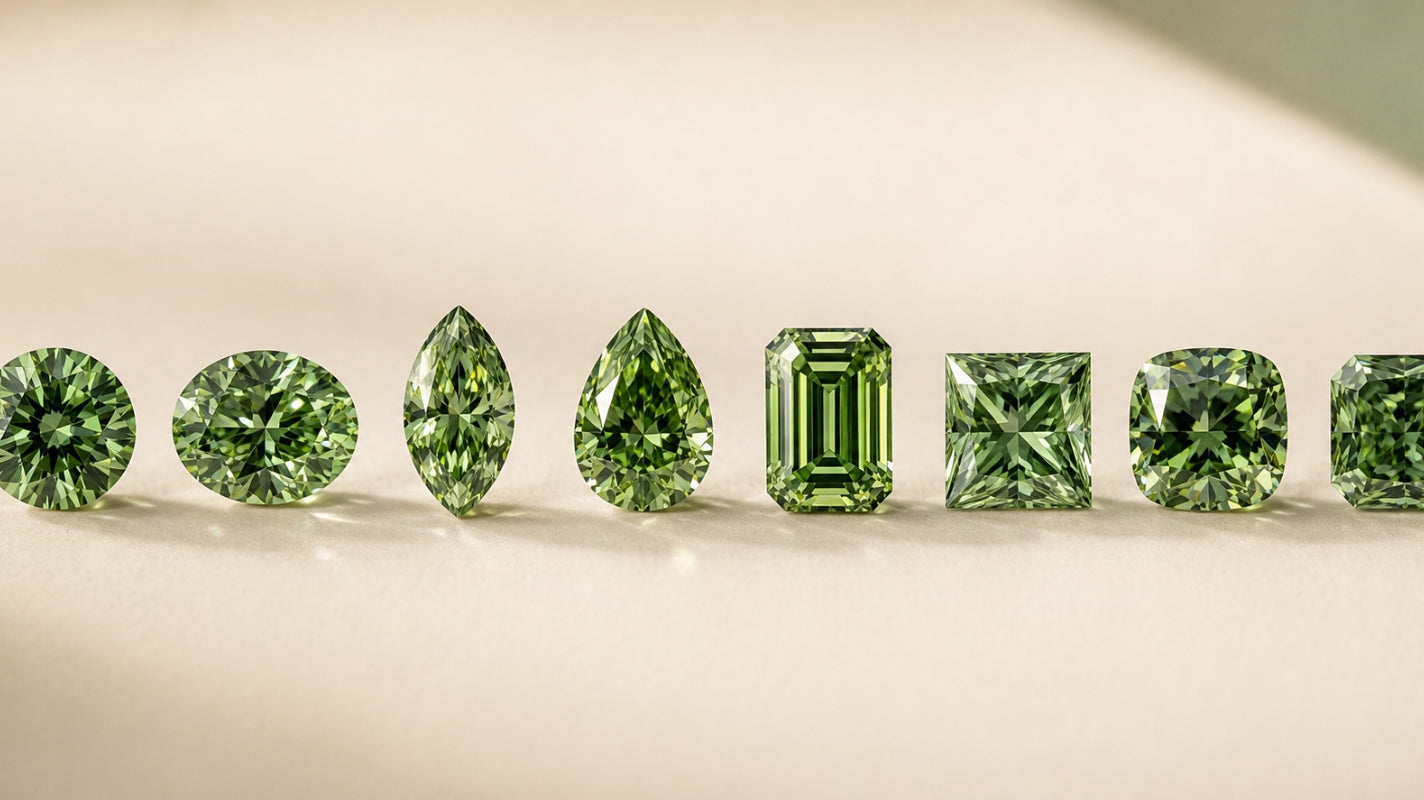 Eight loose green diamonds arranged on cream fabric in round, oval, marquise, pear, emerald, princess, cushion, and radiant shapes.