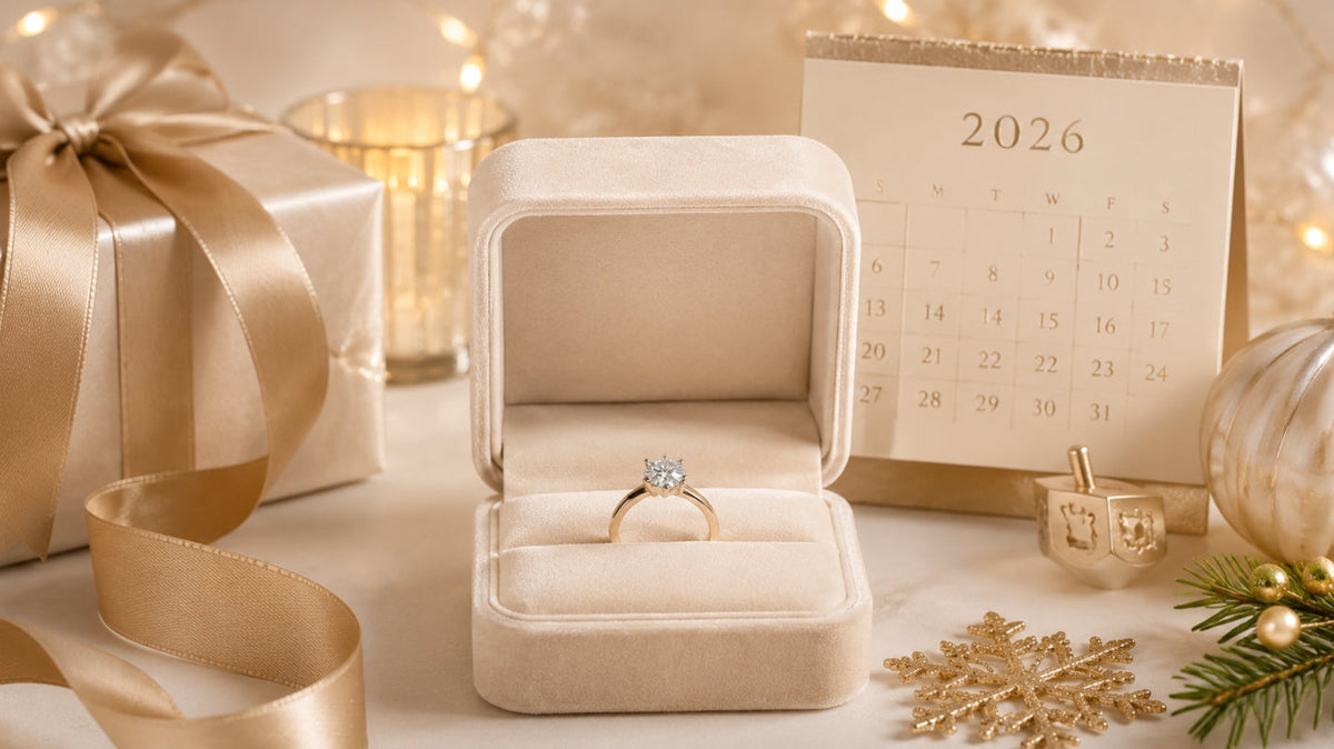 Diamond ring centered in an open cream jewelry box with a 2026 calendar, champagne ribbon, wrapped gift, gold ornament, and subtle holiday decorations.