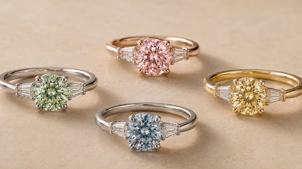 Four engagement rings feature round green, pink, blue and yellow diamonds in white, rose and yellow-gold settings on warm stone.