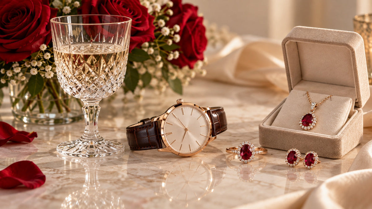 Luxury 15th anniversary still life featuring crystal glassware, an elegant watch, ruby jewelry, red roses, and a jewelry box.
