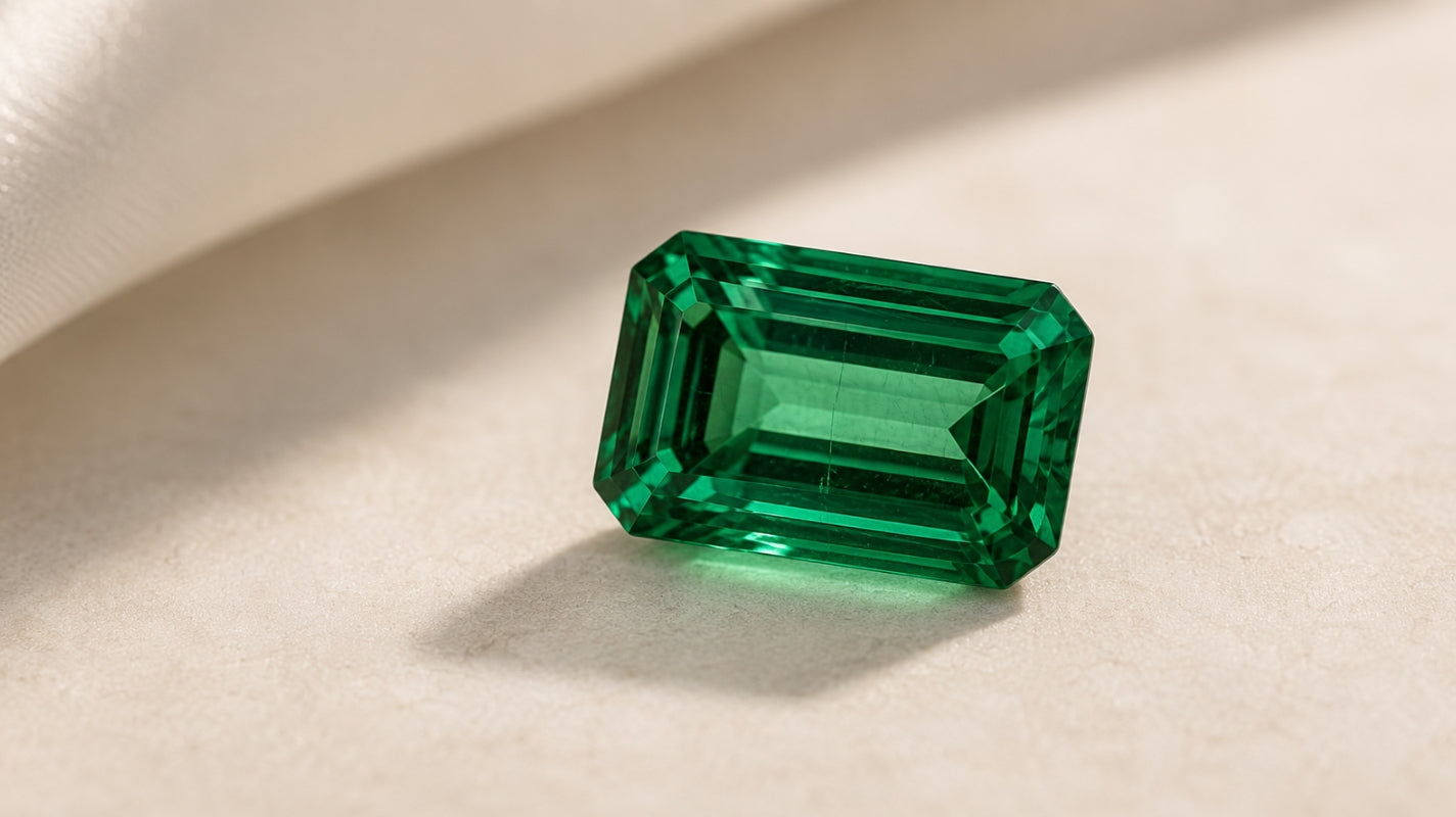 Loose emerald-cut lab-grown emerald resting on a soft cream surface, with realistic facet reflections and subtle internal growth features visible inside the green stone.