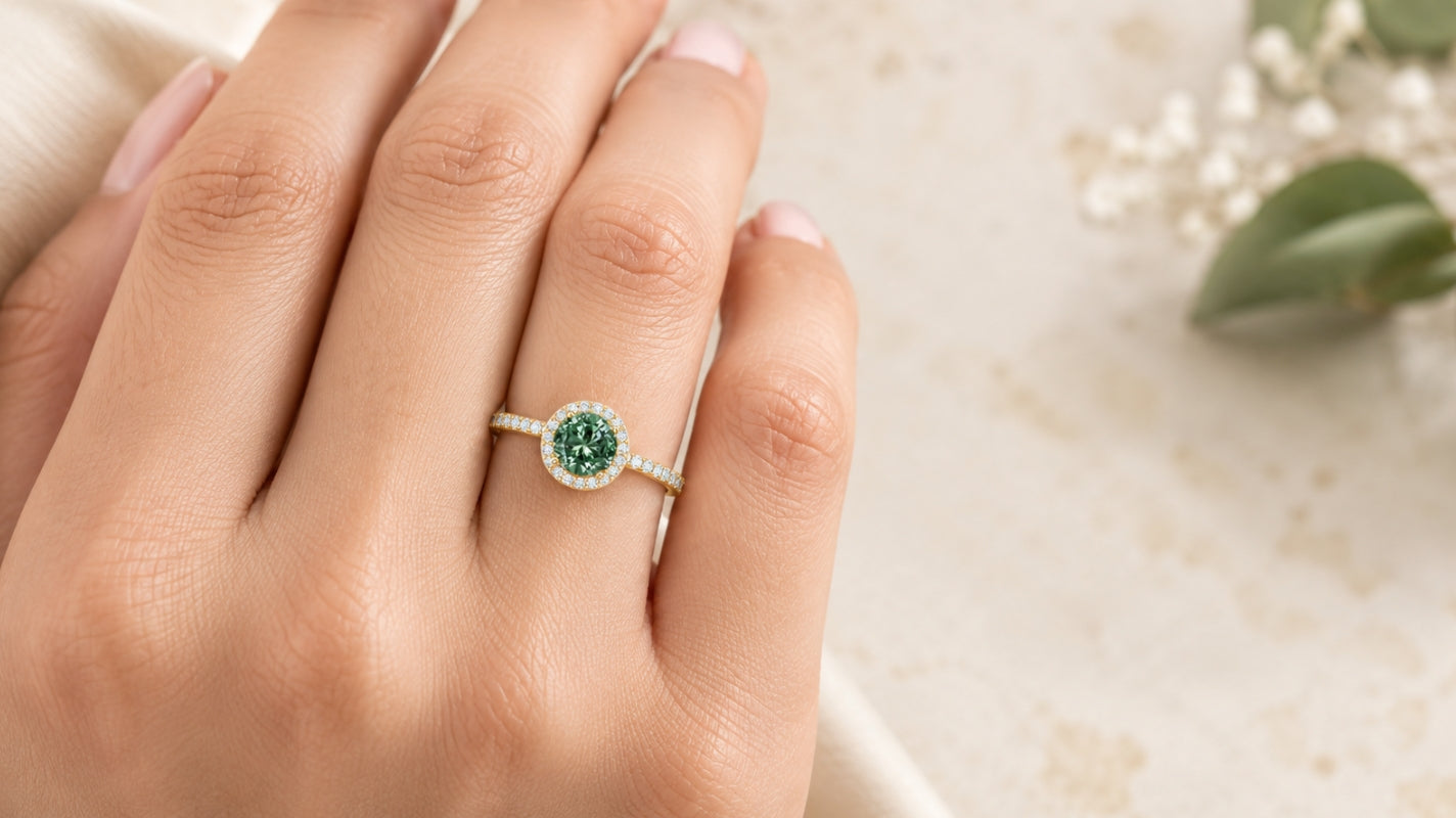 Hand wearing a yellow gold halo engagement ring with a round lab-grown green diamond