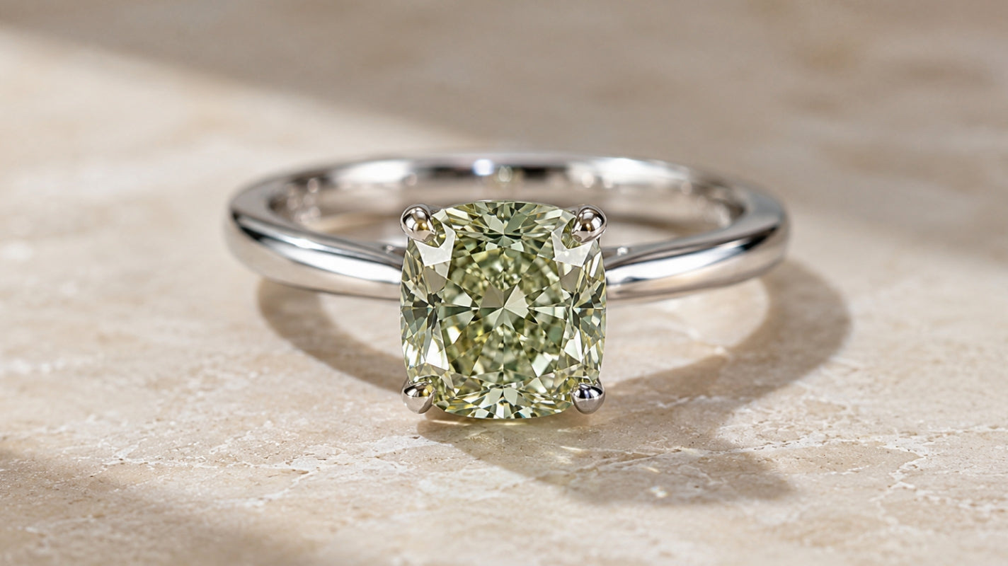 Close-up of a cushion-cut light green diamond set in a four-prong solitaire ring on a neutral stone surface.