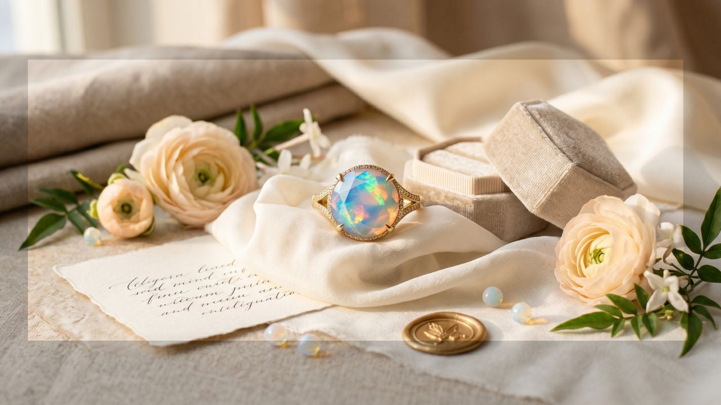 Luxury faceted opal ring on ivory silk with flowers and ring box, representing October birthstone symbolism and meaningful jewelry gifting