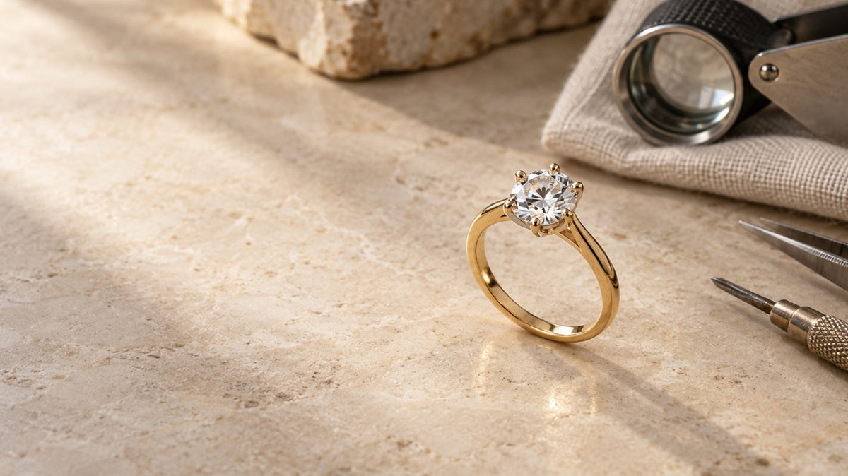 1. Yellow-gold diamond solitaire displayed with a jeweler’s loupe and precision tools on a warm stone work surface, representing informed jewelry sourcing.