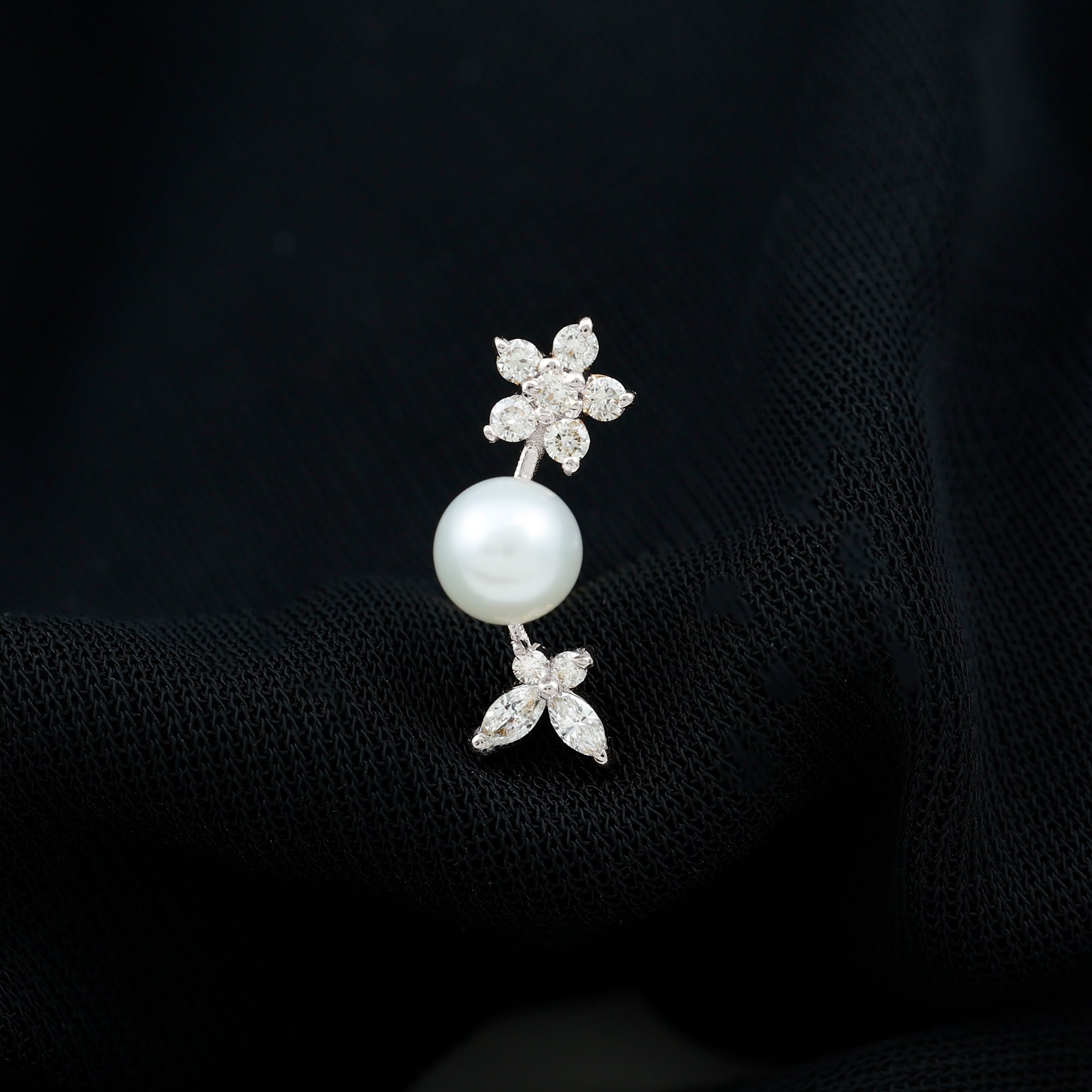 Nature Inspired Freshwater Pearl and Diamond Crawler Earring AAA - Rosec Jewels