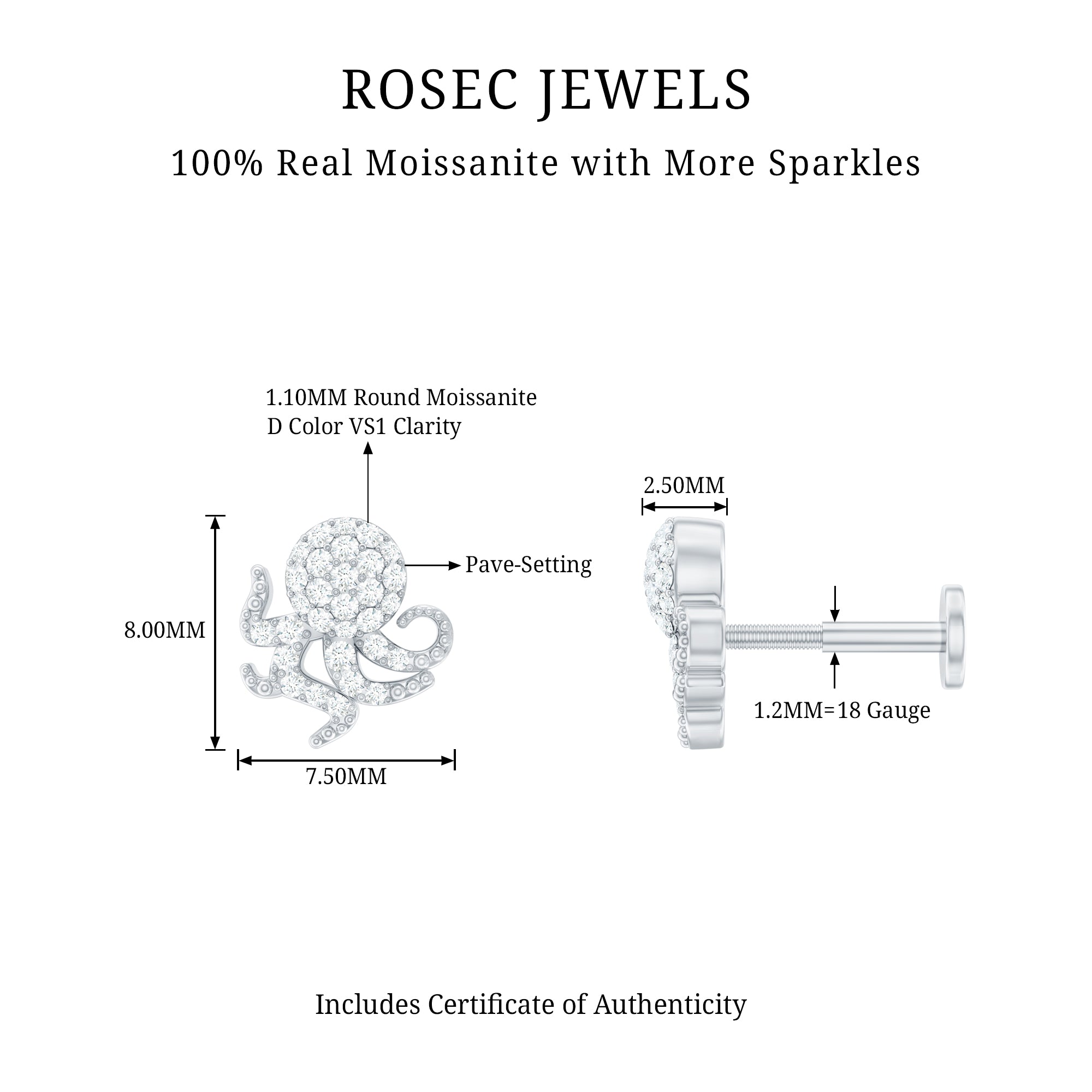 Moissanite Octopus Earring for Cartilage Piercing D-VS1 - Rosec Jewels
