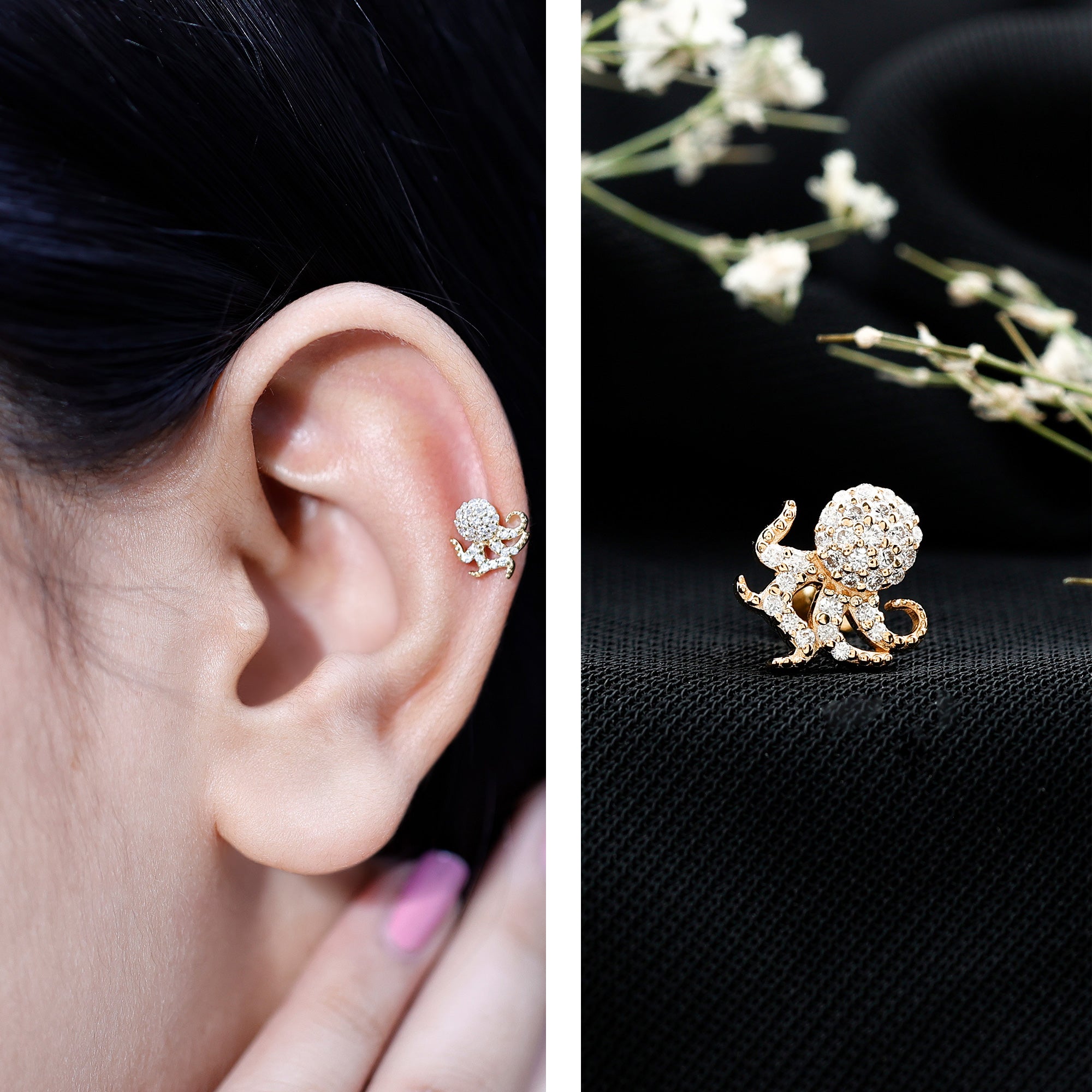 Moissanite Octopus Earring for Cartilage Piercing D-VS1 - Rosec Jewels