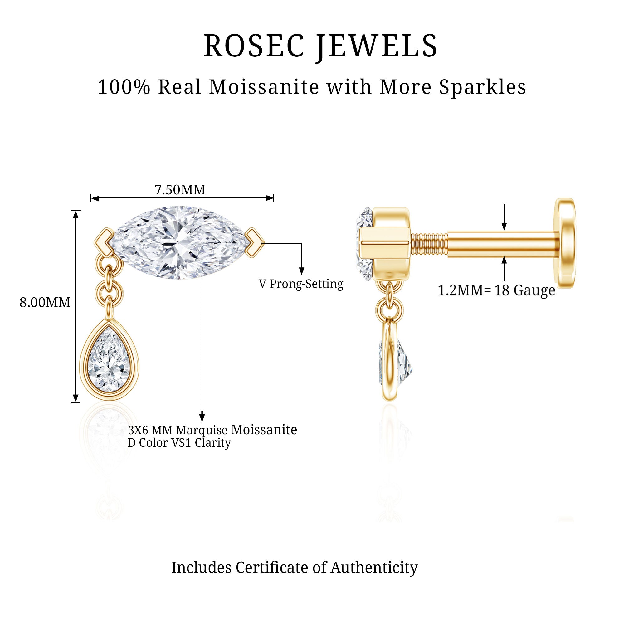 Marquise Moissanite Dangle Cartilage Earring D-VS1 - Rosec Jewels