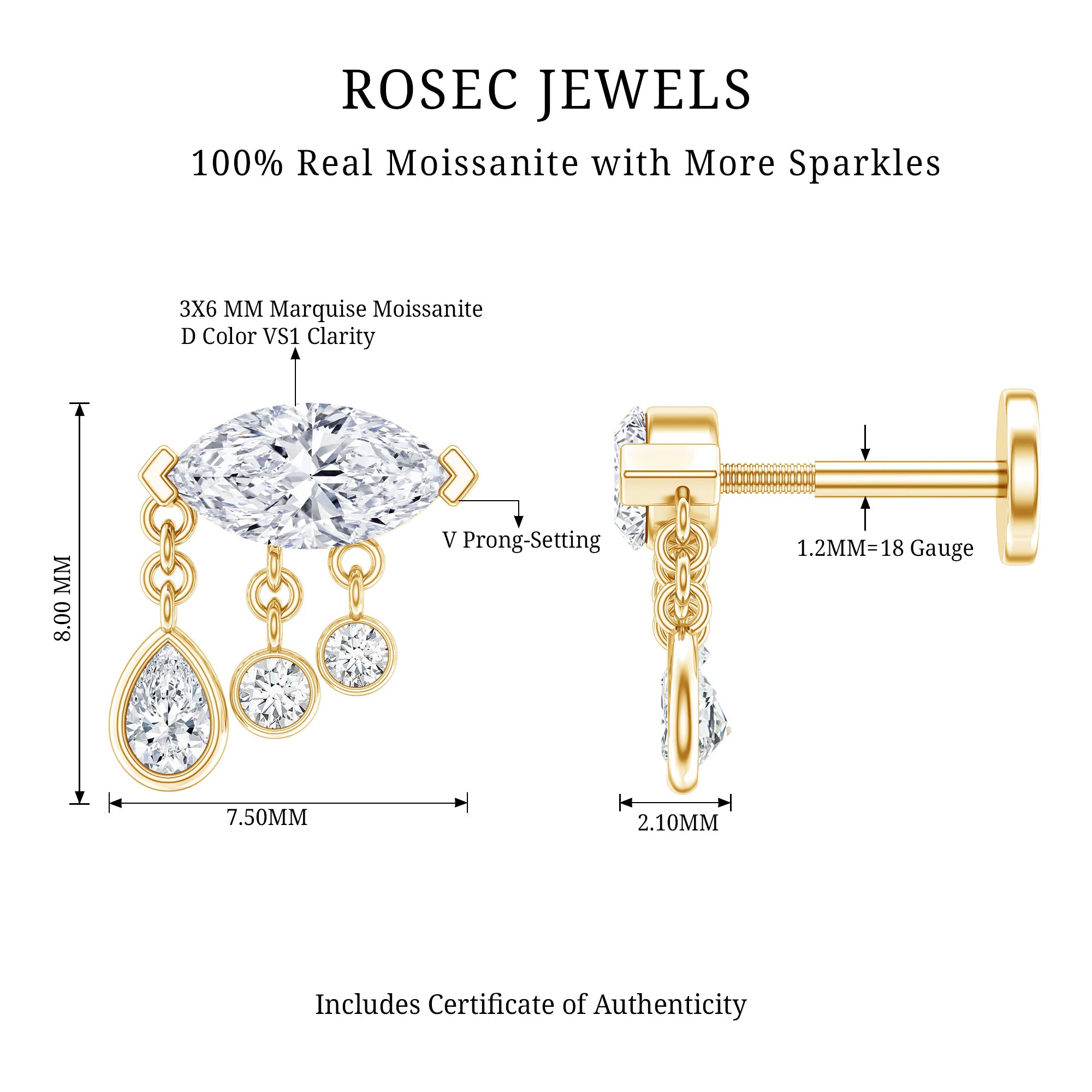 Marquise Cut Moissanite Cartilage Dangle Earring D-VS1 - Rosec Jewels