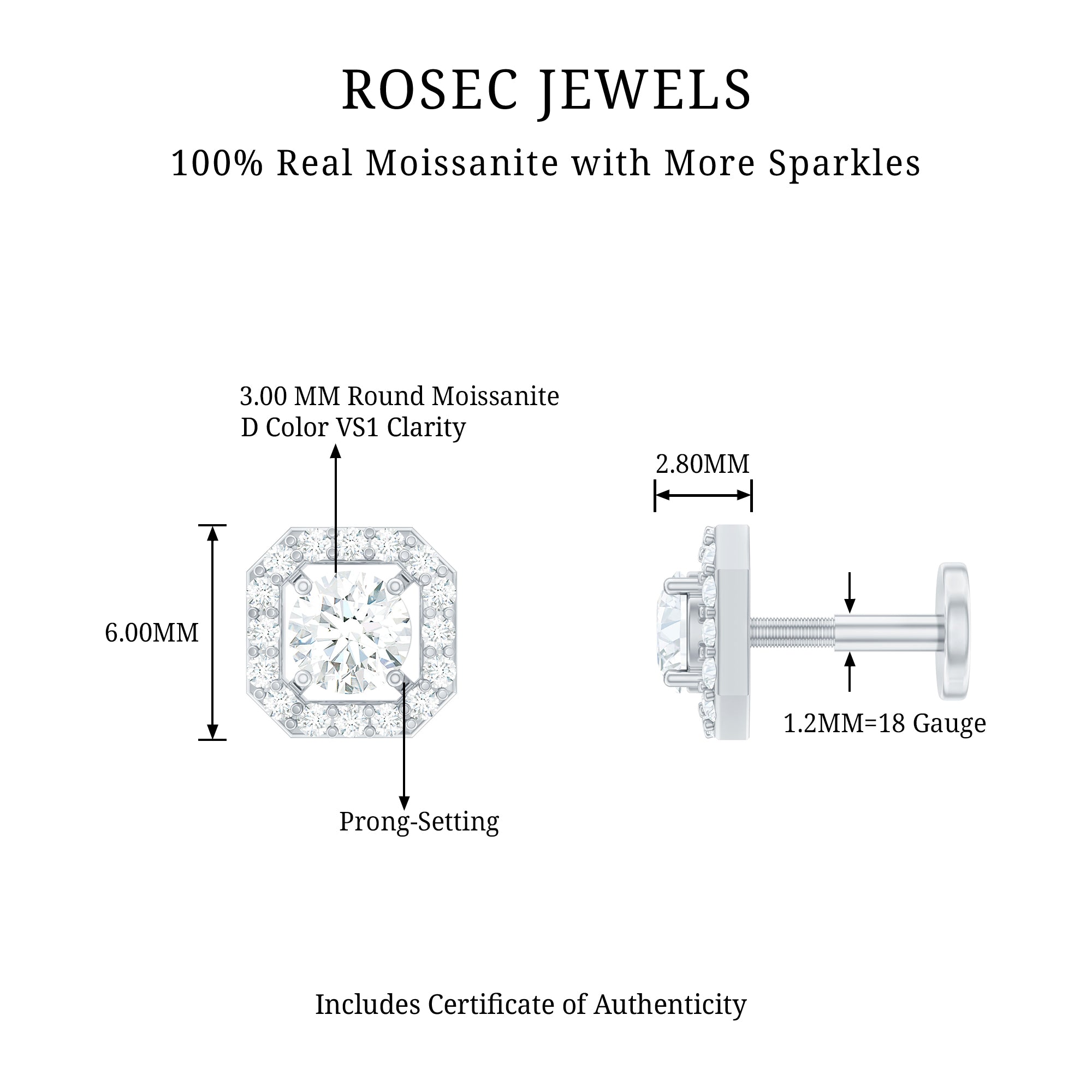 Certified Moissanite Halo Earring for Helix Piercing D-VS1 - Rosec Jewels