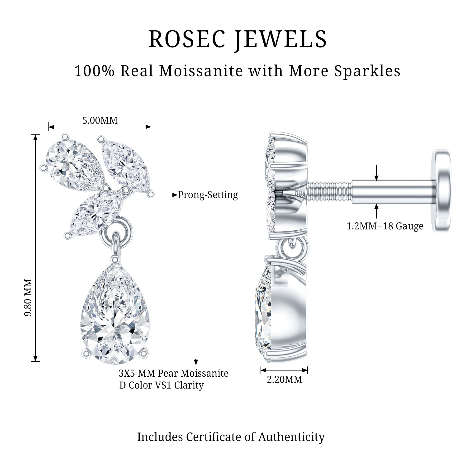 Marquise and Pear Moissanite Cluster Drop Cartilage Earring D-VS1 - Rosec Jewels
