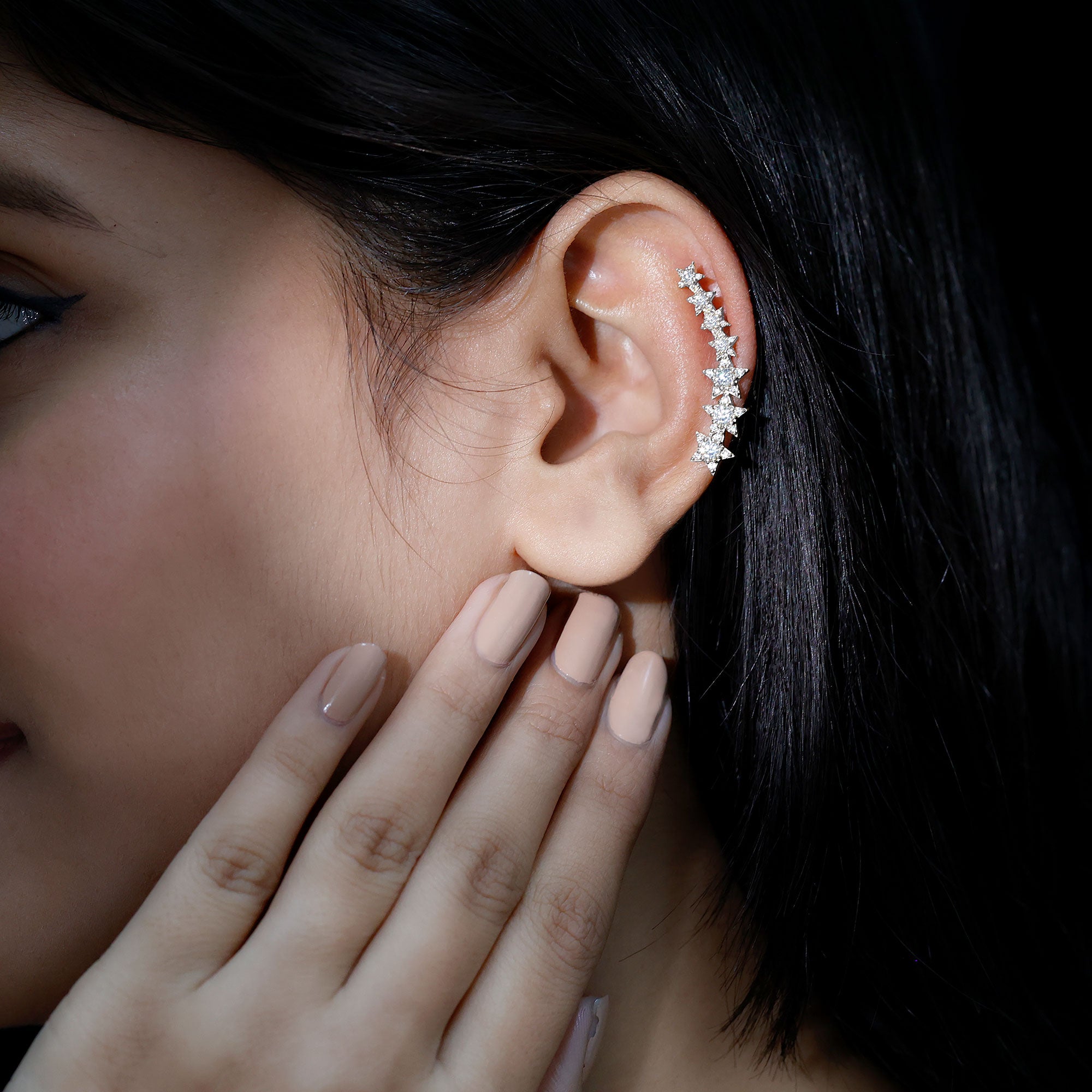 Certified Moissanite Star Ear Climber Earring D-VS1 - Rosec Jewels