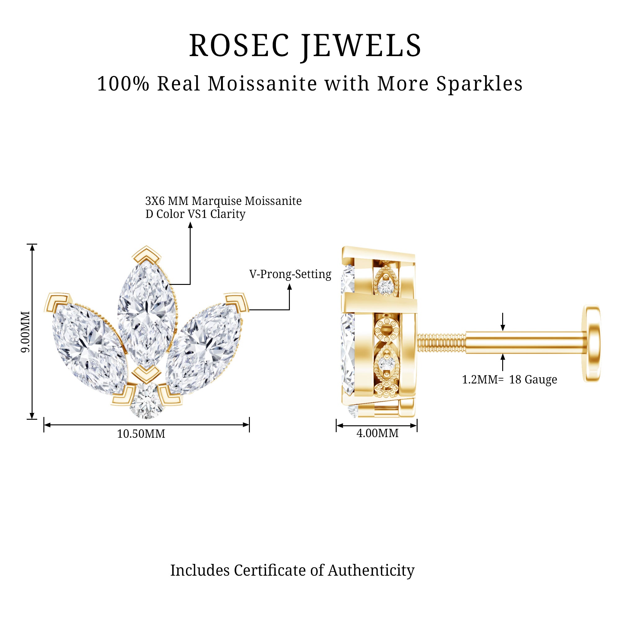 Certified Moissanite Marquise Lotus Piercing Stud D-VS1 - Rosec Jewels