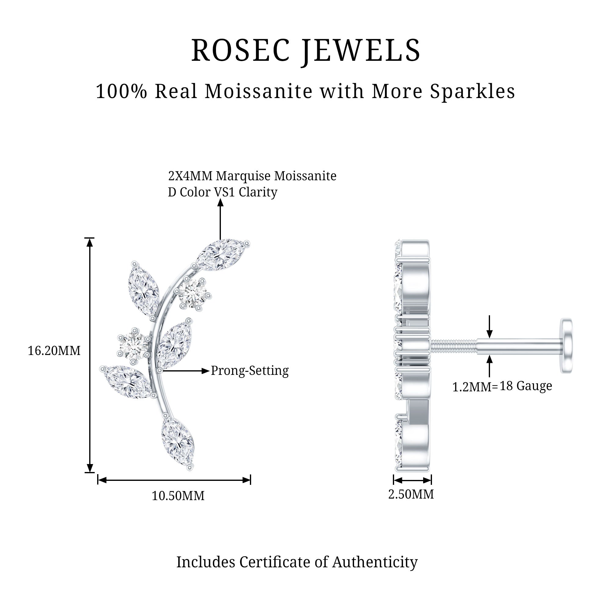 Certified Moissanite Leaf Climber Earring for Helix Piercing D-VS1 - Rosec Jewels