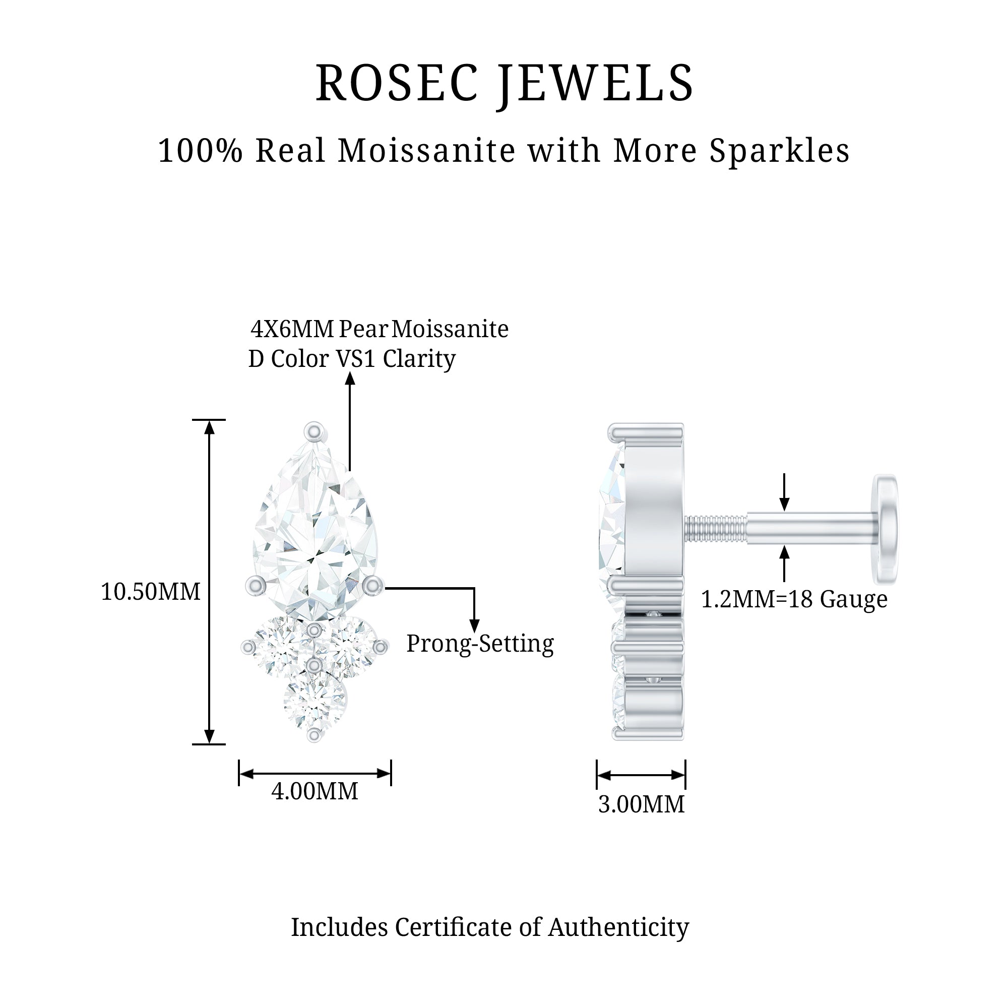 Pear and Round Moissanite Cluster Cartilage Earring D-VS1 - Rosec Jewels