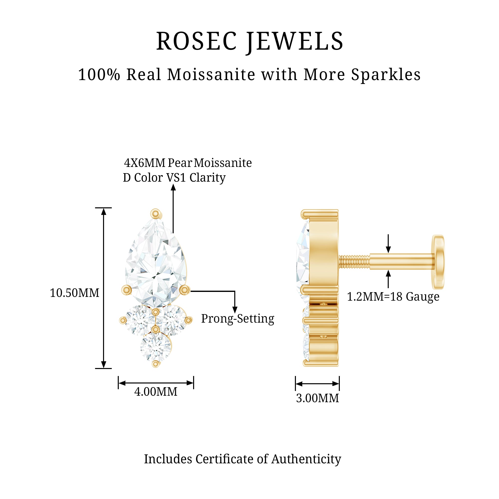 Pear and Round Moissanite Cluster Cartilage Earring D-VS1 - Rosec Jewels