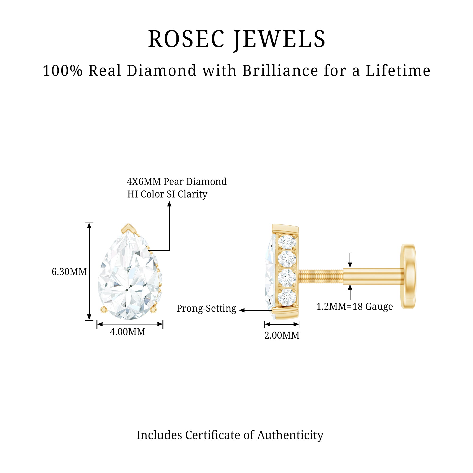 Pear Shaped Diamond Solitaire Tragus Earring Natural - ( HI-SI ) - Rosec Jewels