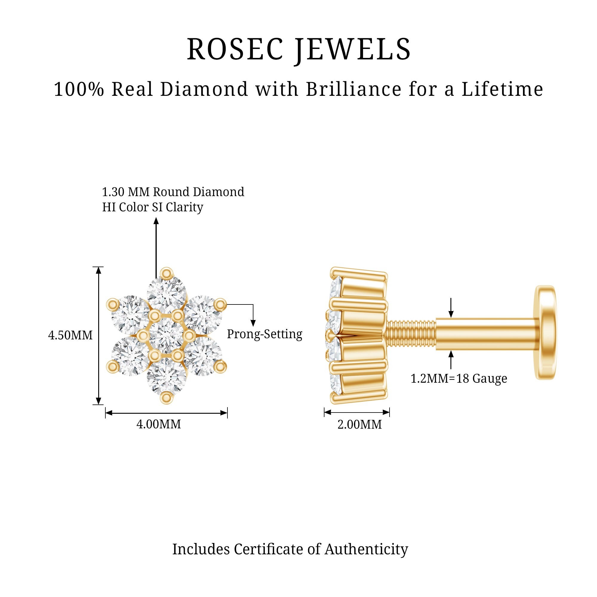 Round Cut Natural Diamond Flower Nose Stud For Women Natural - ( HI-SI ) - Rosec Jewels