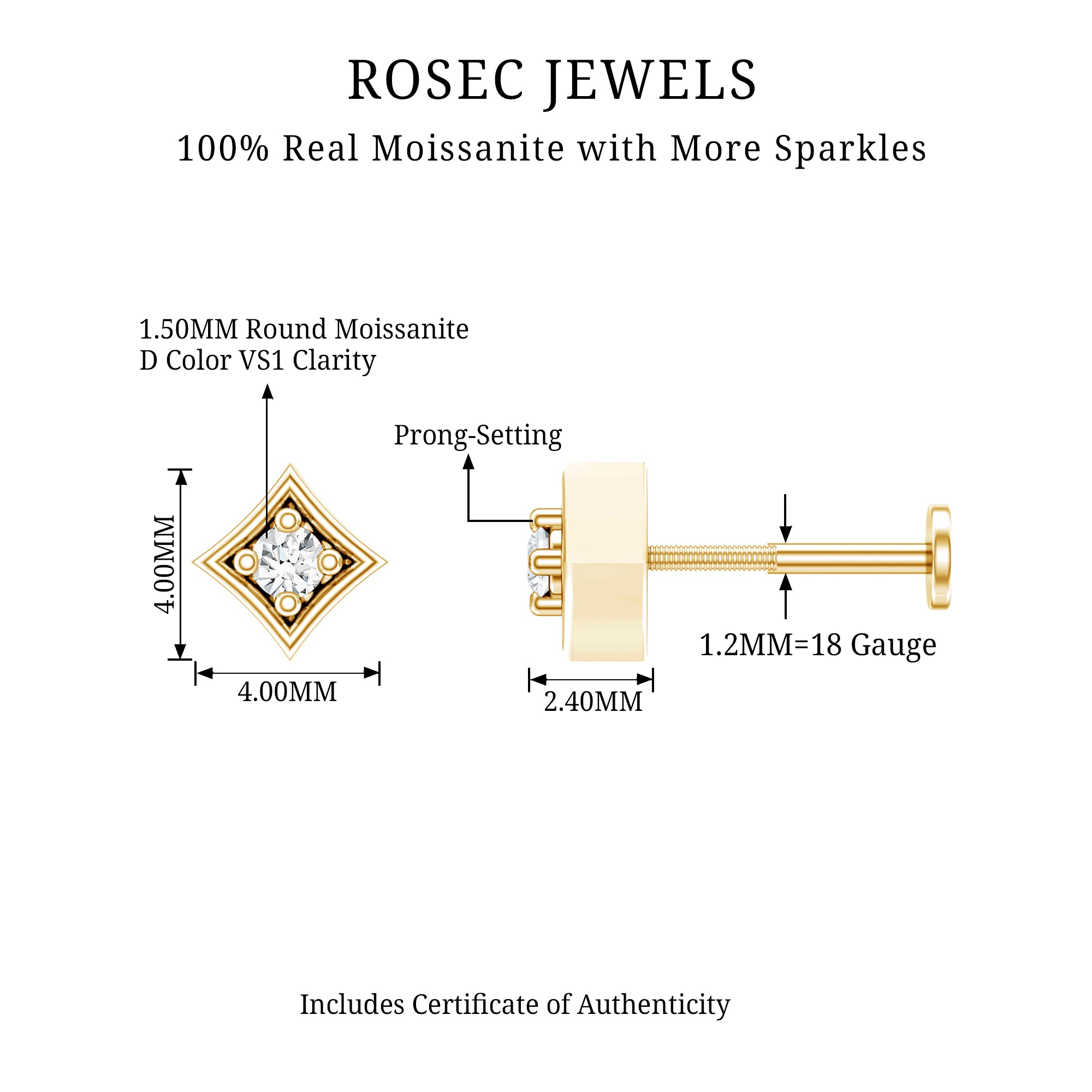 Round Moissanite Solitaire Geometric Nose Pin D-VS1 - Rosec Jewels