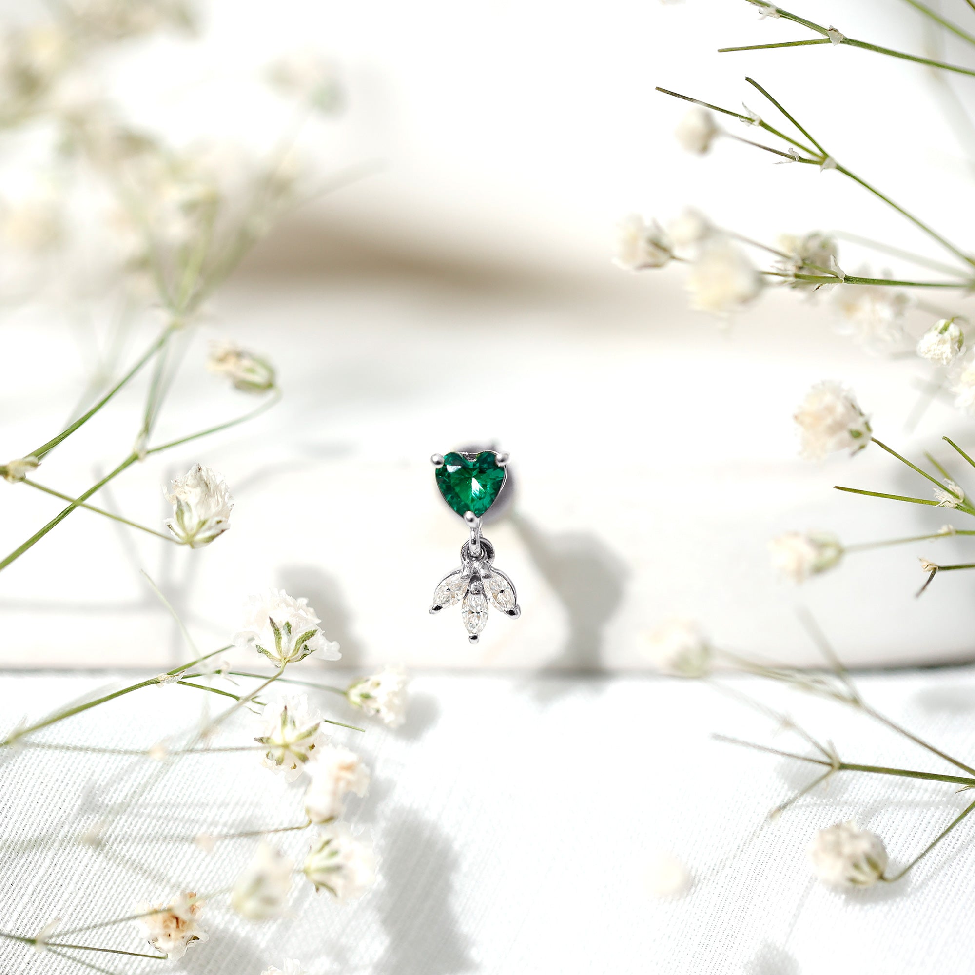 Heart Shape Lab Created Emerald and Diamond Helix Drop Earring AAAA - Rosec Jewels