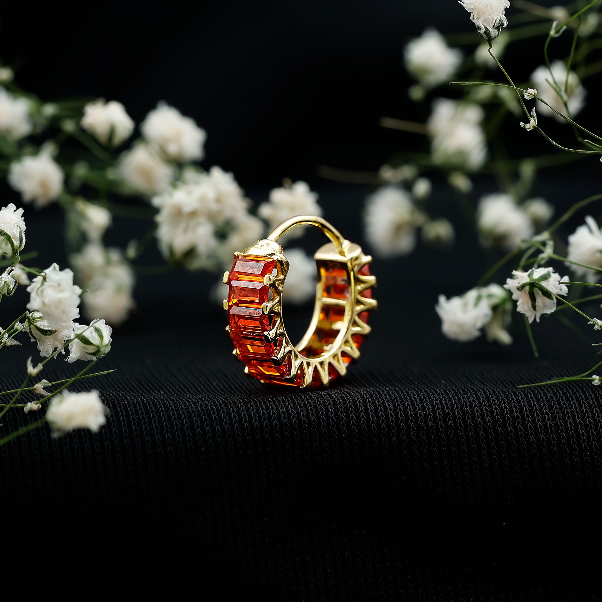 Baguette Cut Lab Grown Orange Sapphire Conch Hoop Earring AAAA - Rosec Jewels
