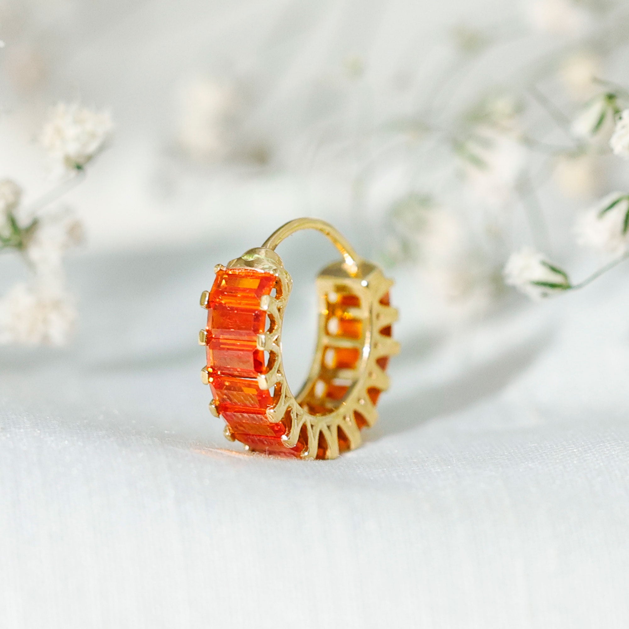 Baguette Cut Lab Grown Orange Sapphire Conch Hoop Earring AAAA - Rosec Jewels