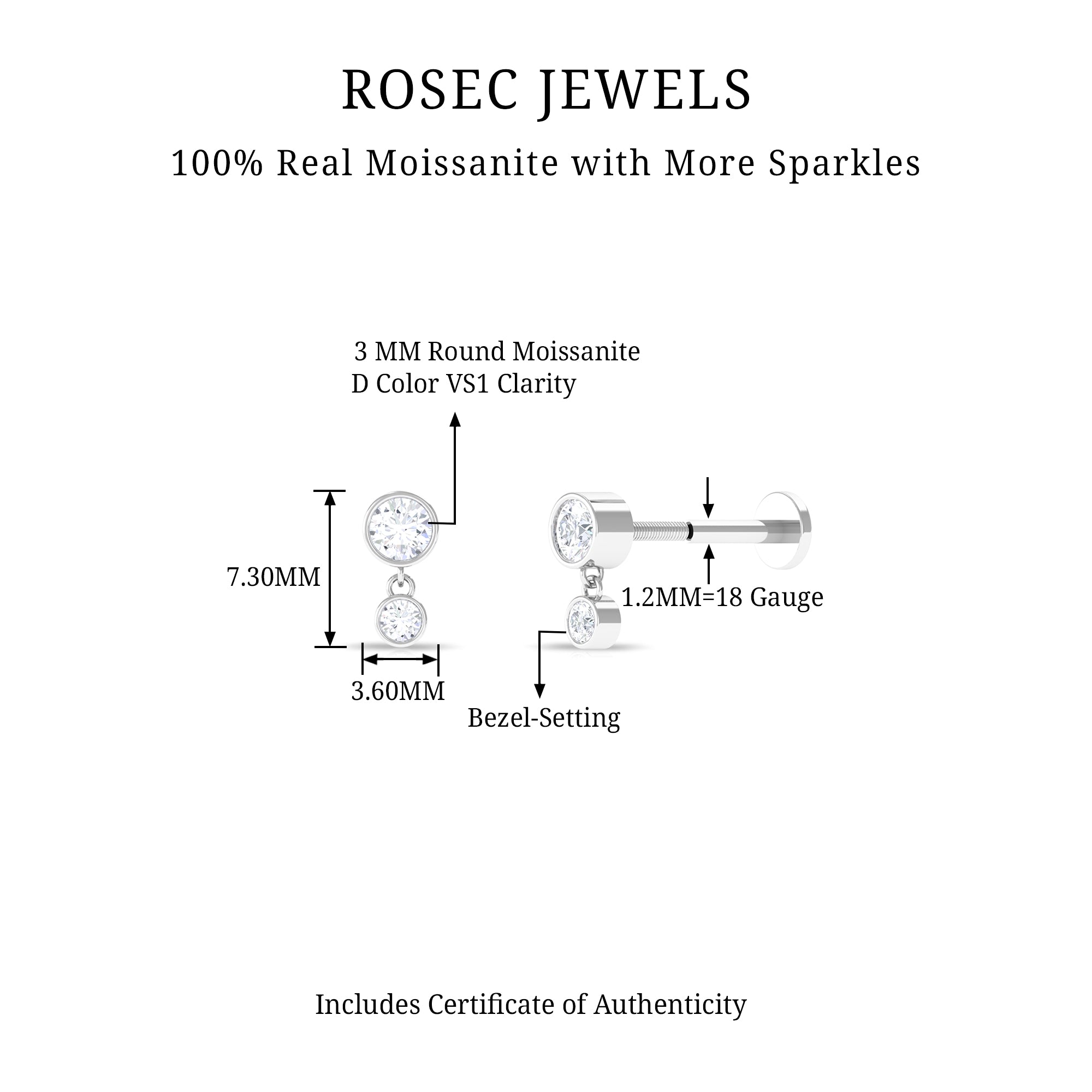 Bezel Set Round Moissanite Helix Drop Earring D-VS1 - Rosec Jewels