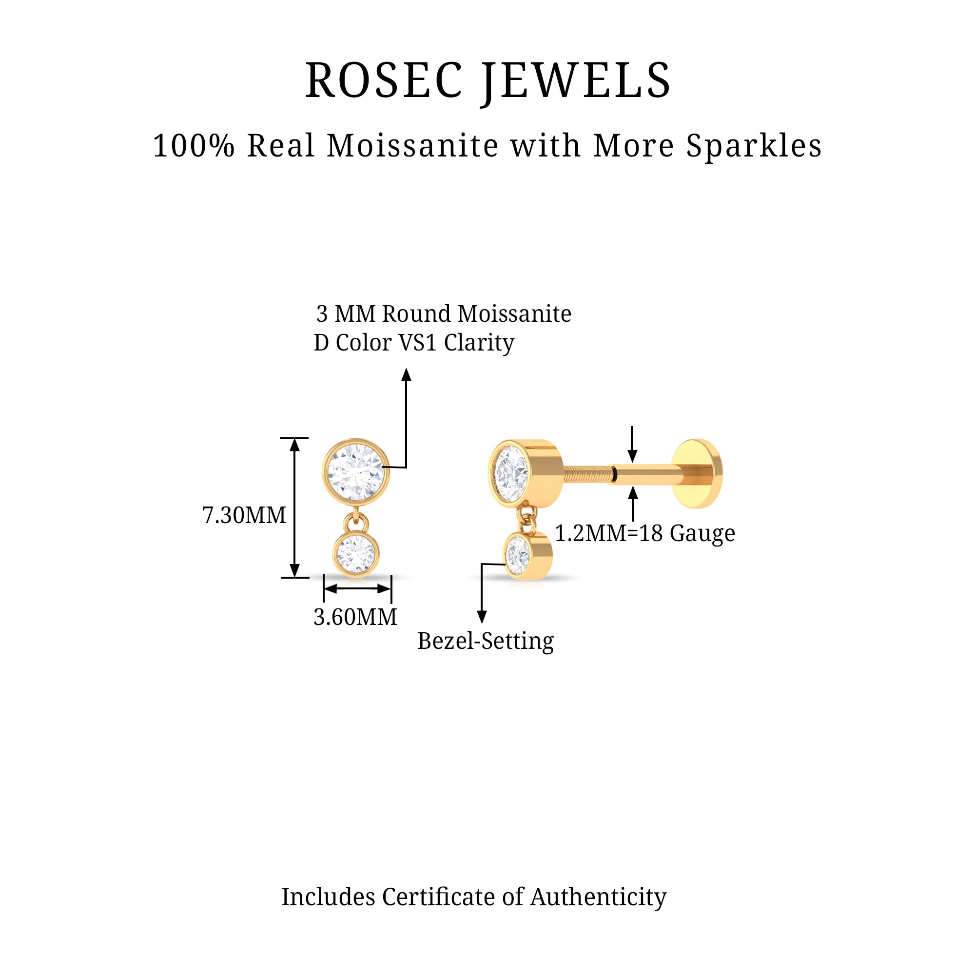Bezel Set Round Moissanite Helix Drop Earring D-VS1 - Rosec Jewels