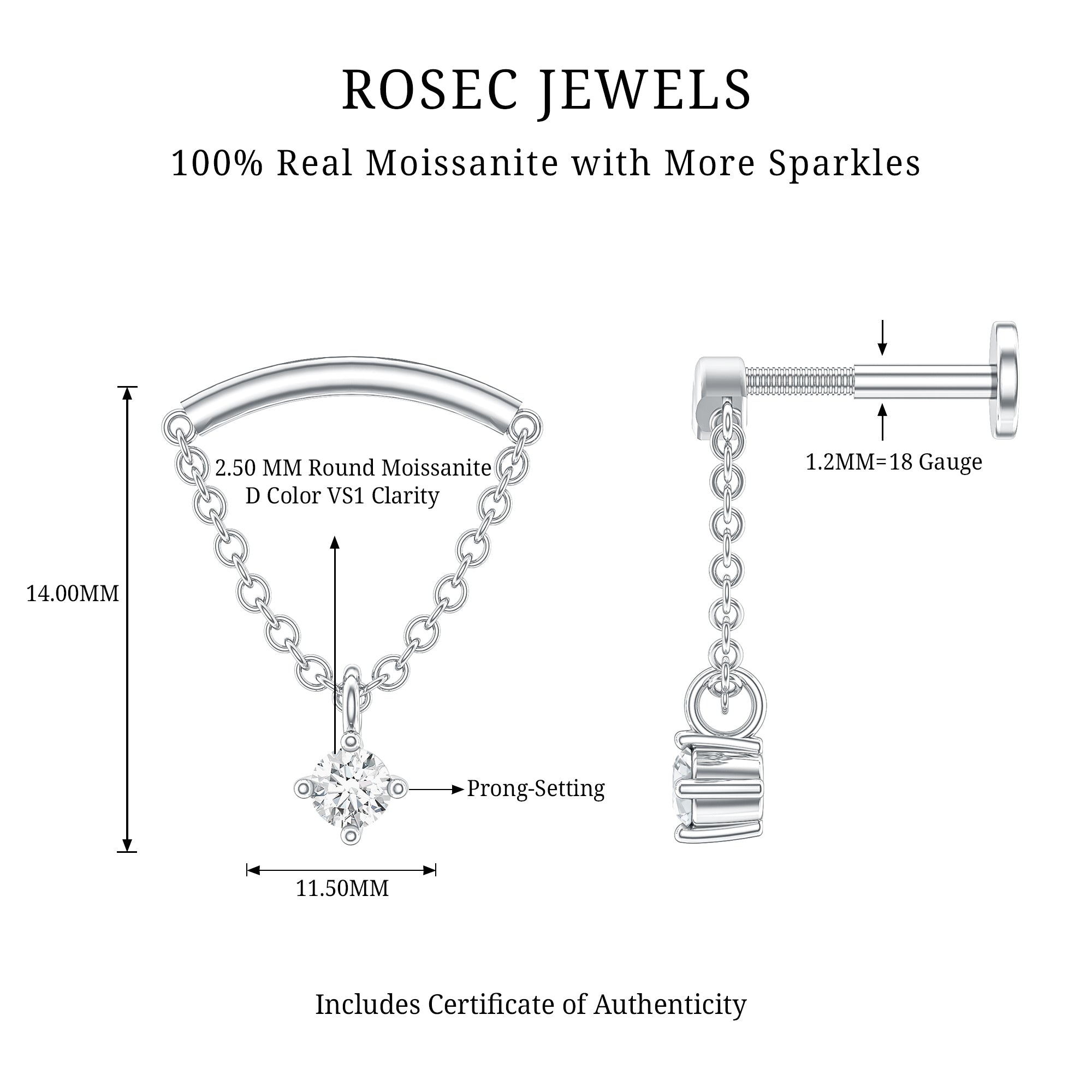 Curved Bar and Moissanite Chain Earring for Helix Piercing D-VS1 - Rosec Jewels