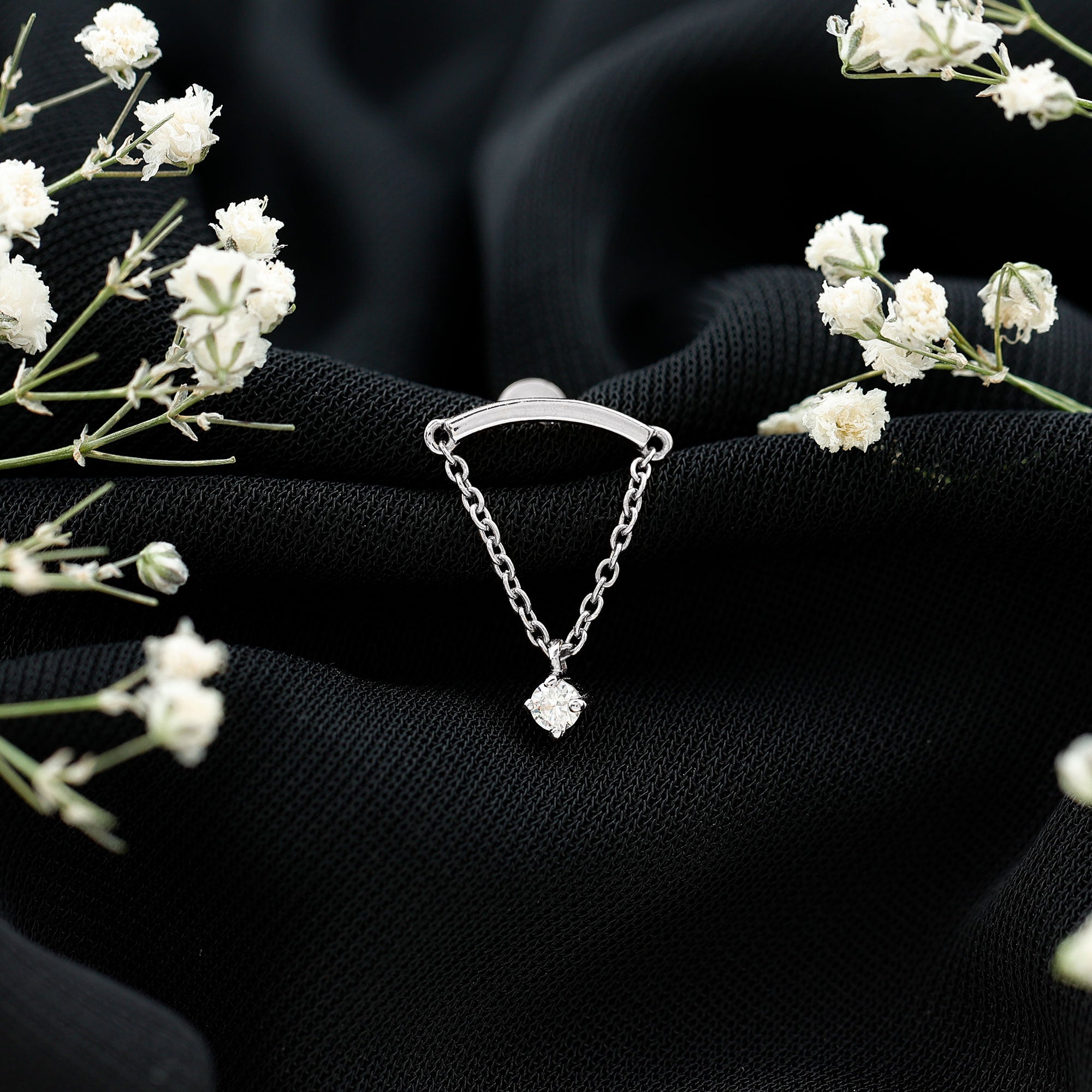Curved Bar and Moissanite Chain Earring for Helix Piercing D-VS1 - Rosec Jewels
