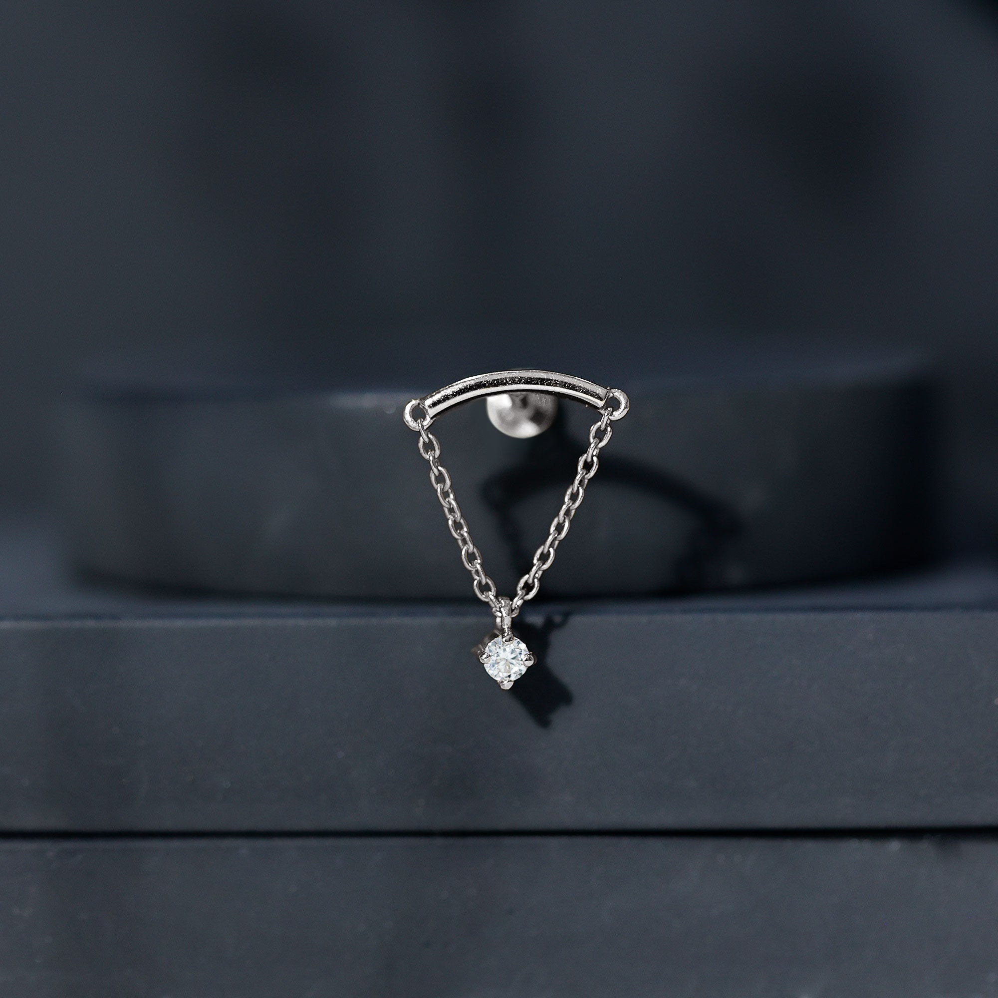 Curved Bar and Moissanite Chain Earring for Helix Piercing D-VS1 - Rosec Jewels