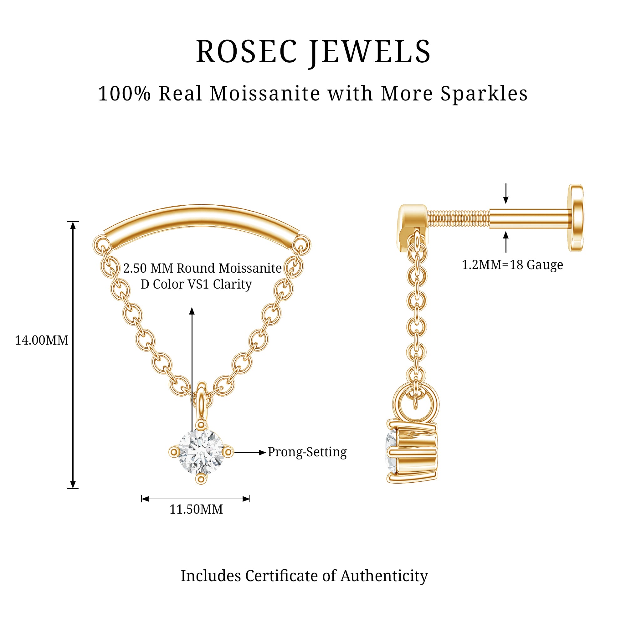 Curved Bar and Moissanite Chain Earring for Helix Piercing D-VS1 - Rosec Jewels