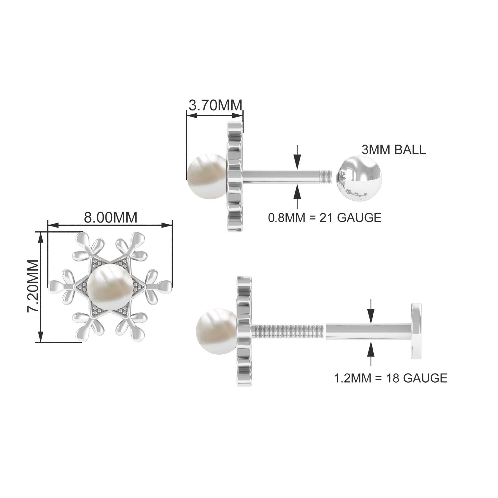 Rosec Jewels-Pearl Solitaire Snowflake Earring for Helix Piercing