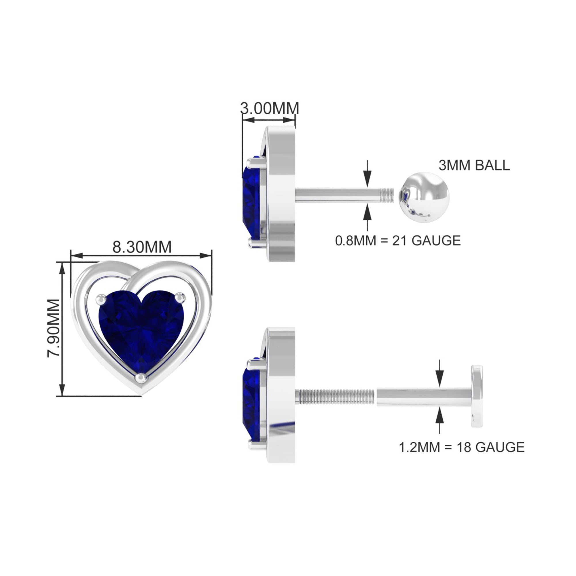 Rosec Jewels-Heart Shape Sapphire Earring for Upper Lobe Piercing