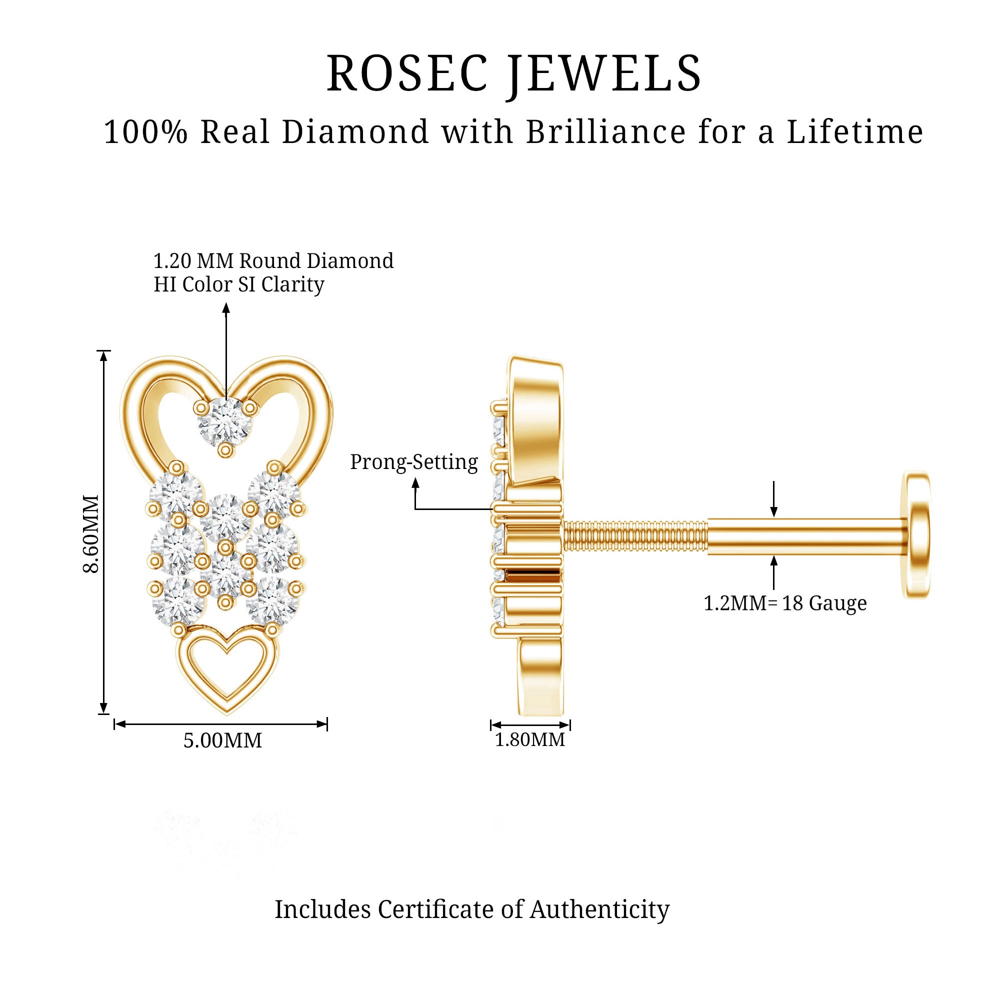 Diamond Heart Cartilage Earring Natural - ( HI-SI ) - Rosec Jewels