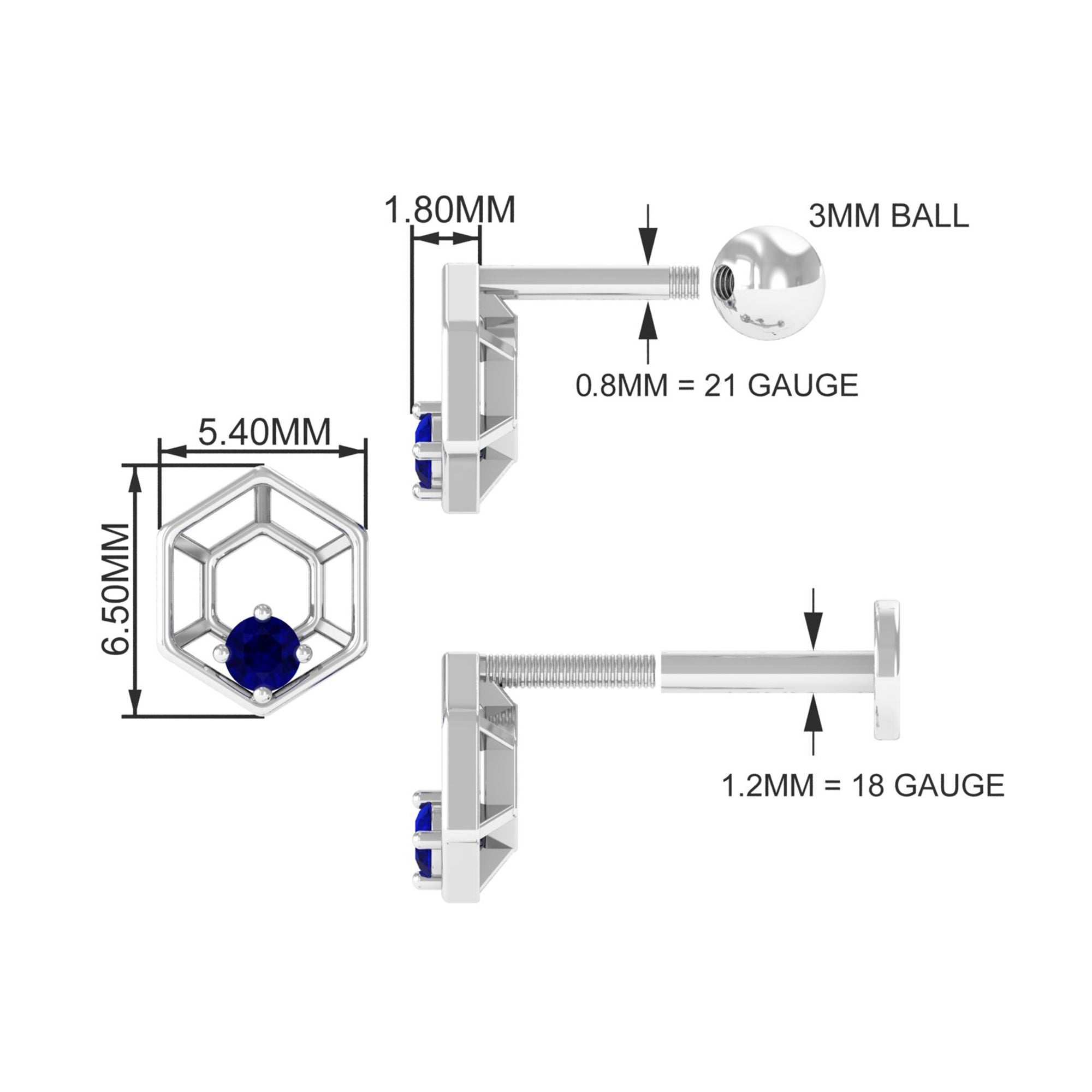 Rosec Jewels-Real Blue Sapphire Geometric Earring for Conch Piercing