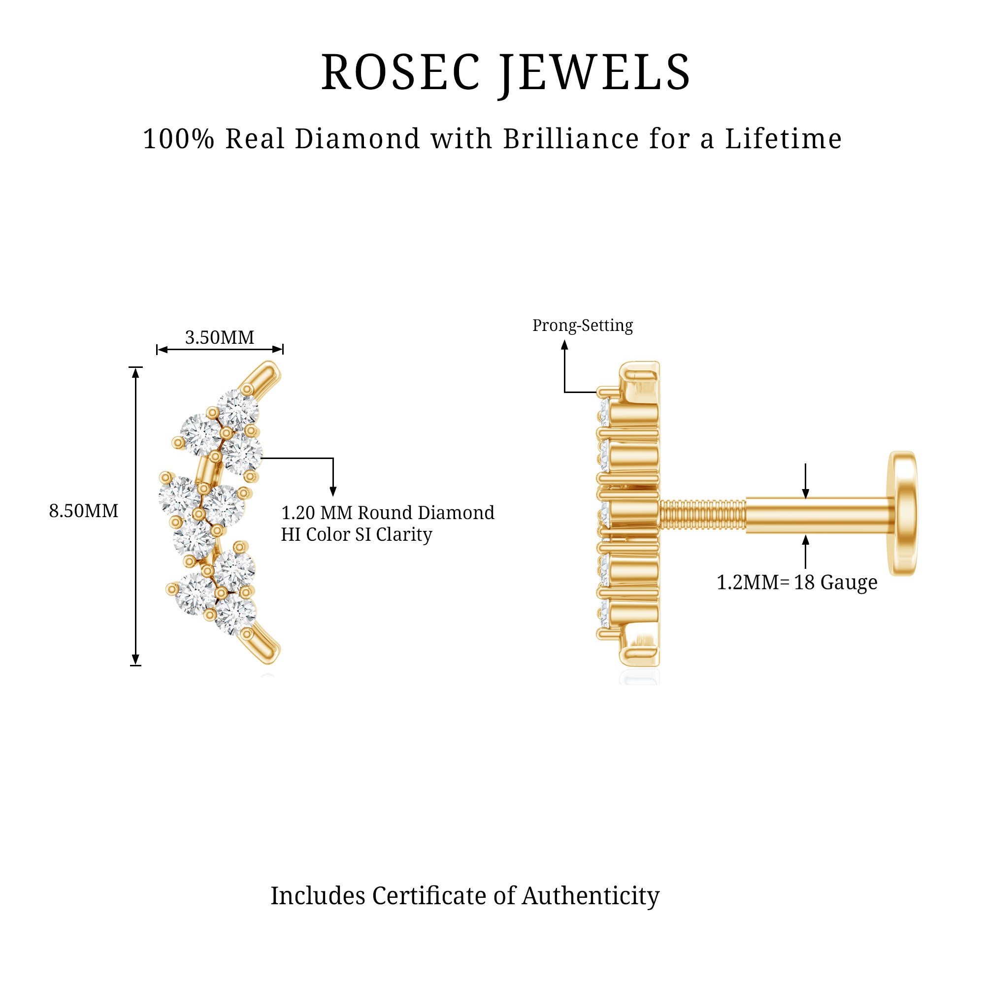 Natural Round Diamond Cluster Curved Helix Earring Natural - ( HI-SI ) - Rosec Jewels