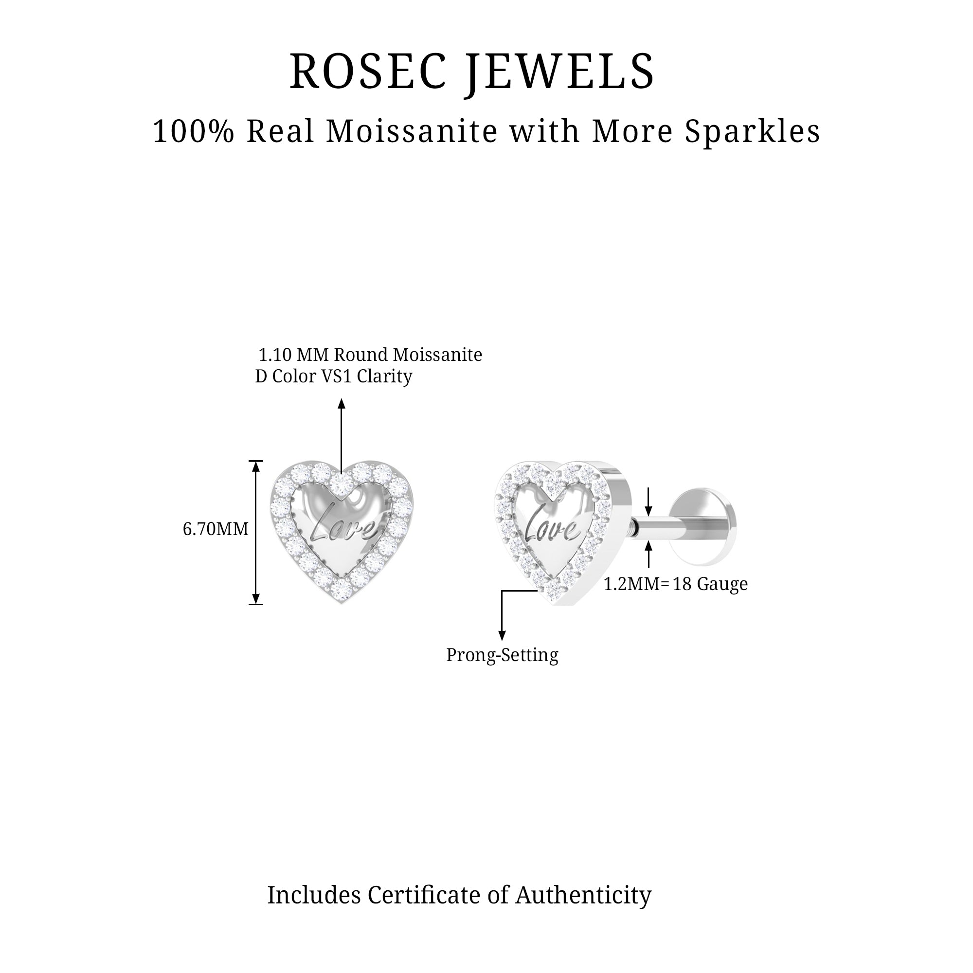 Certified Moissanite Love Heart Earring for Helix Piercing D-VS1 - Rosec Jewels