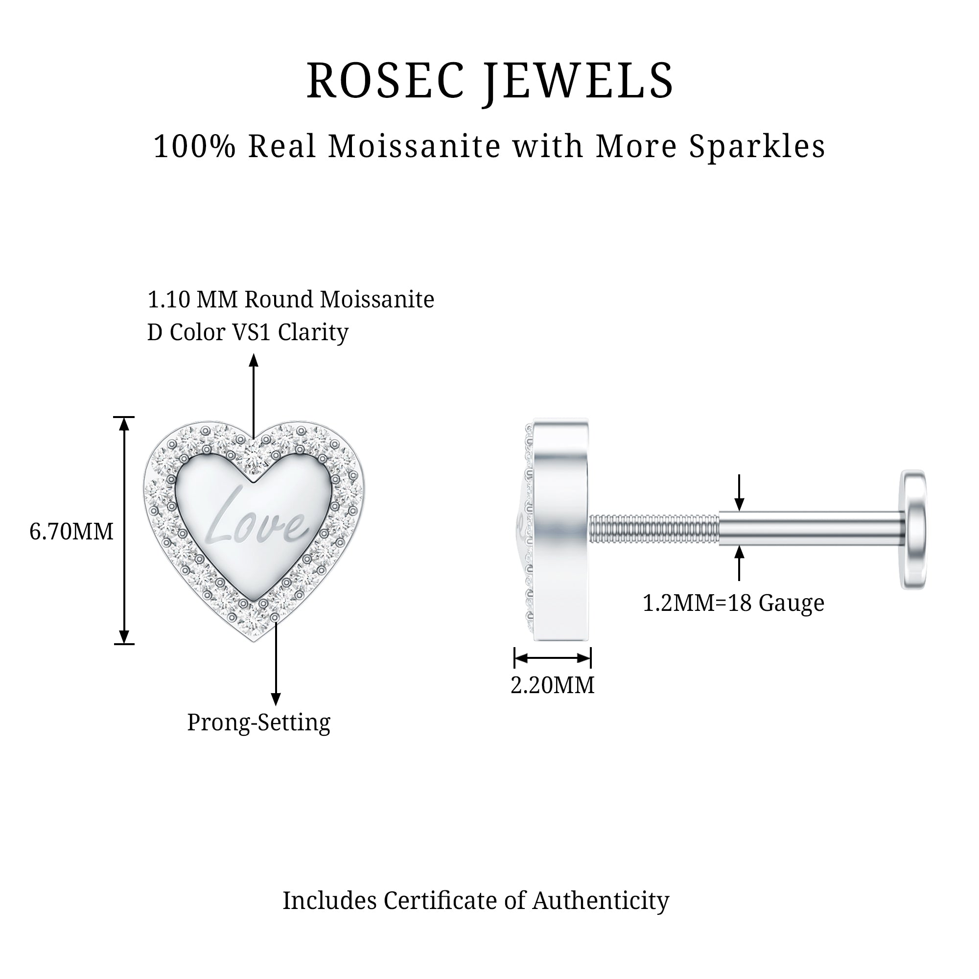 Certified Moissanite Love Heart Earring for Helix Piercing D-VS1 - Rosec Jewels