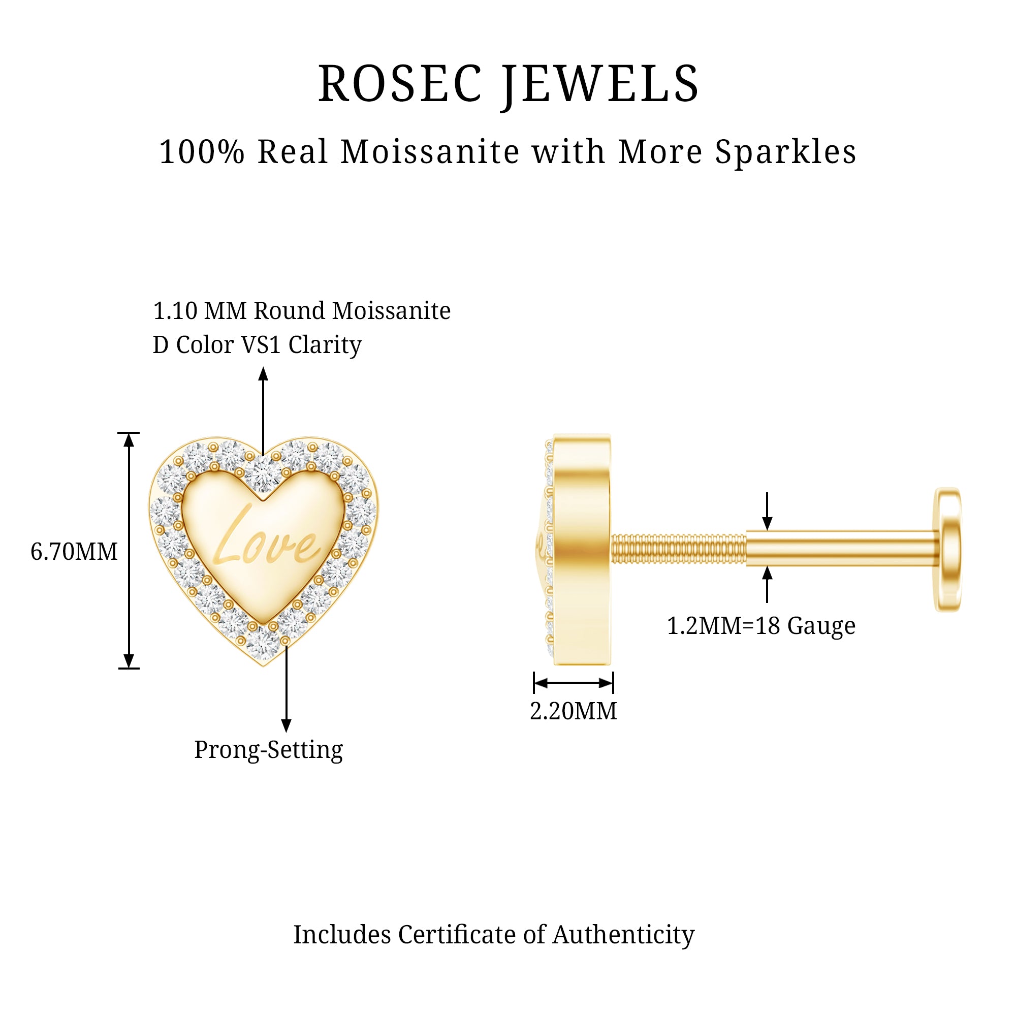 Certified Moissanite Love Heart Earring for Helix Piercing D-VS1 - Rosec Jewels