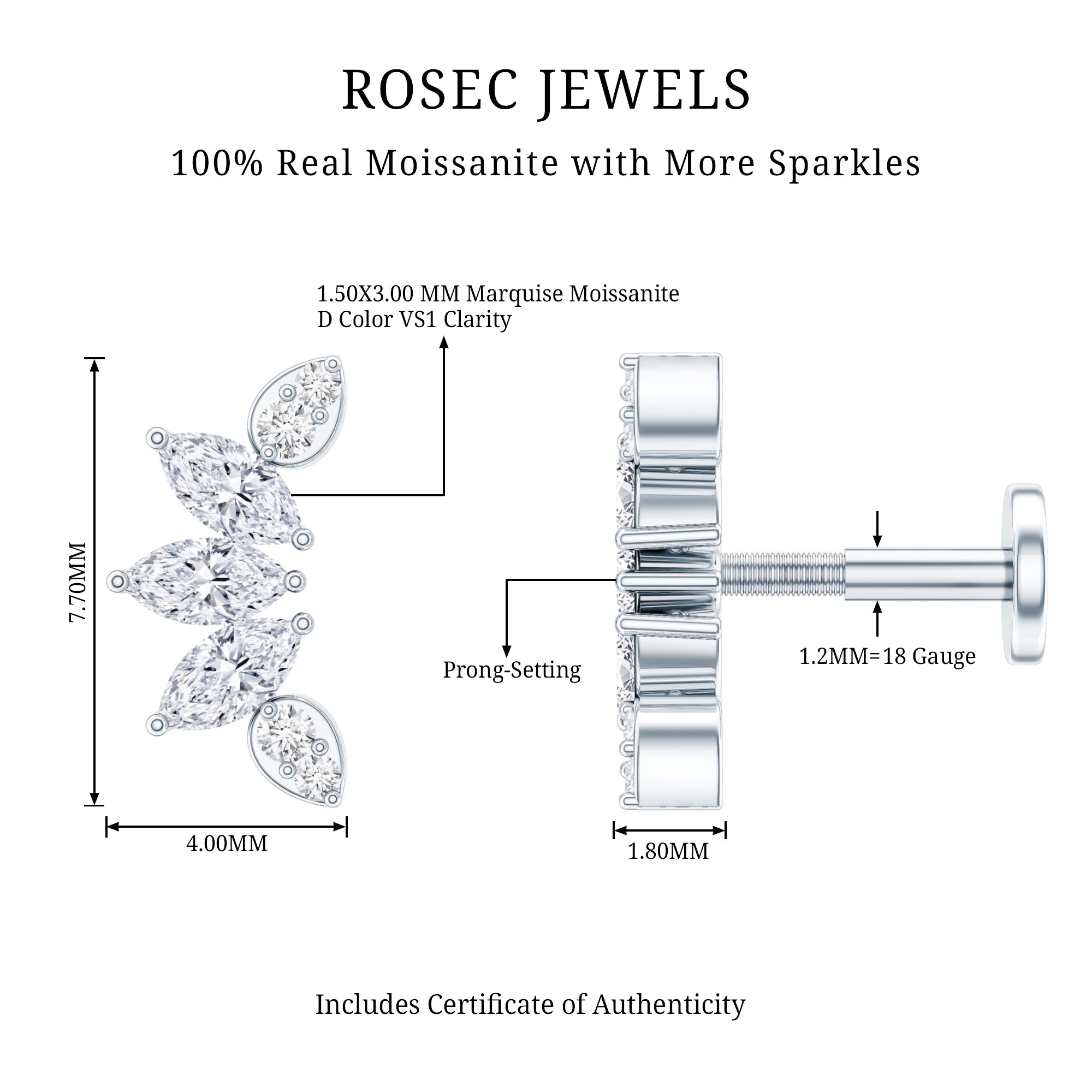 Marquise and Round Cut Moissanite Curved Leaf Helix Earring D-VS1 - Rosec Jewels