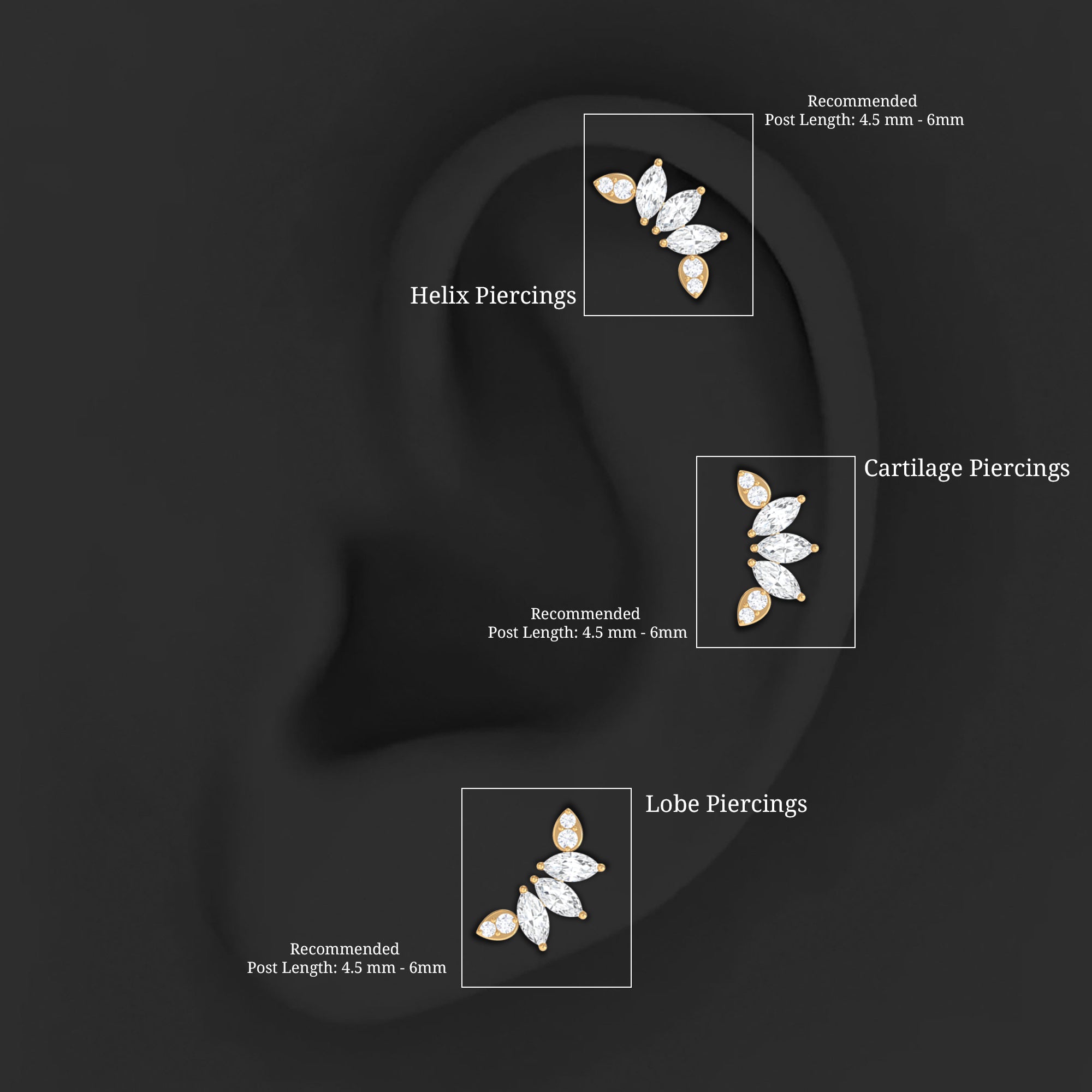 Marquise and Round Cut Moissanite Curved Leaf Helix Earring D-VS1 - Rosec Jewels