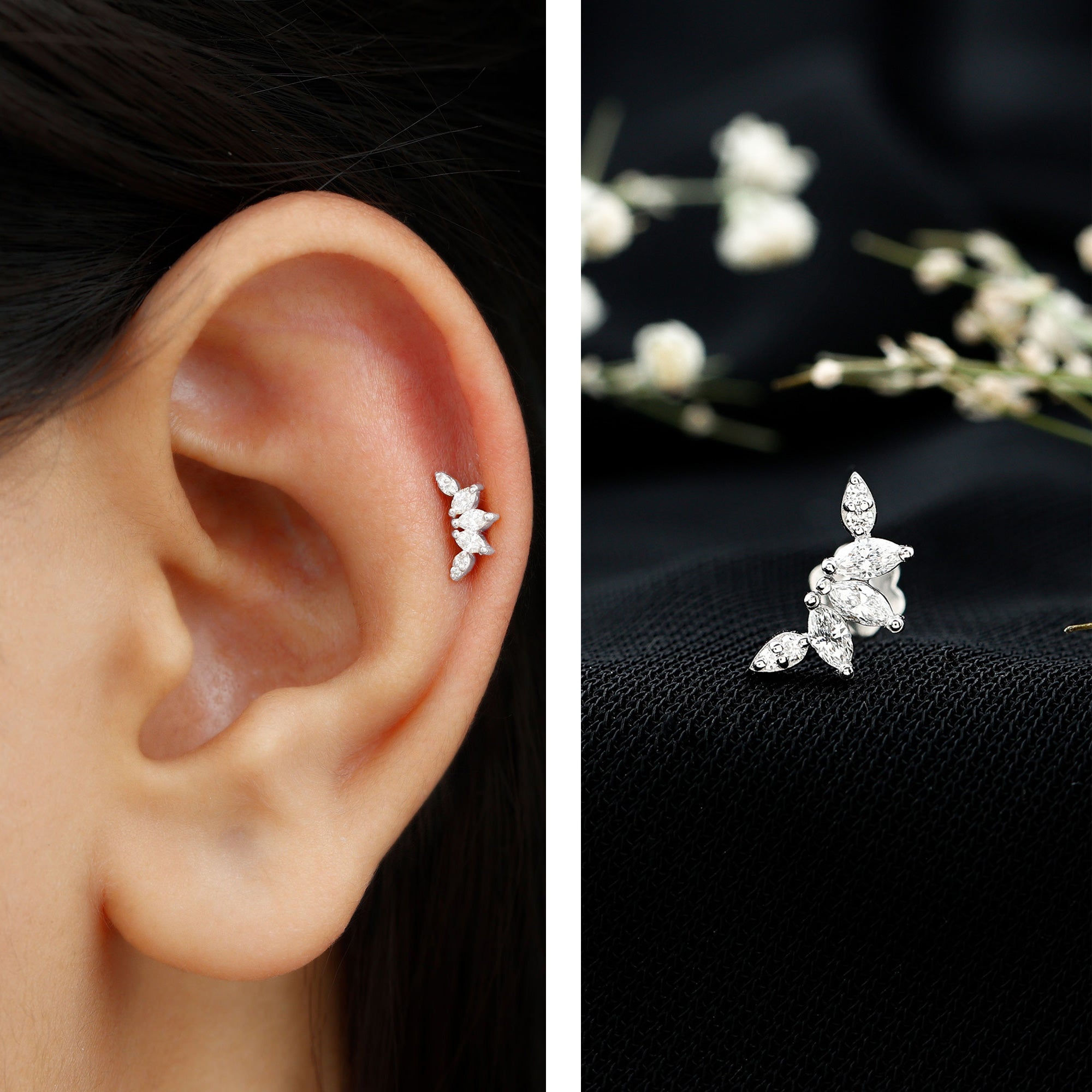 Marquise and Round Cut Moissanite Curved Leaf Helix Earring D-VS1 - Rosec Jewels