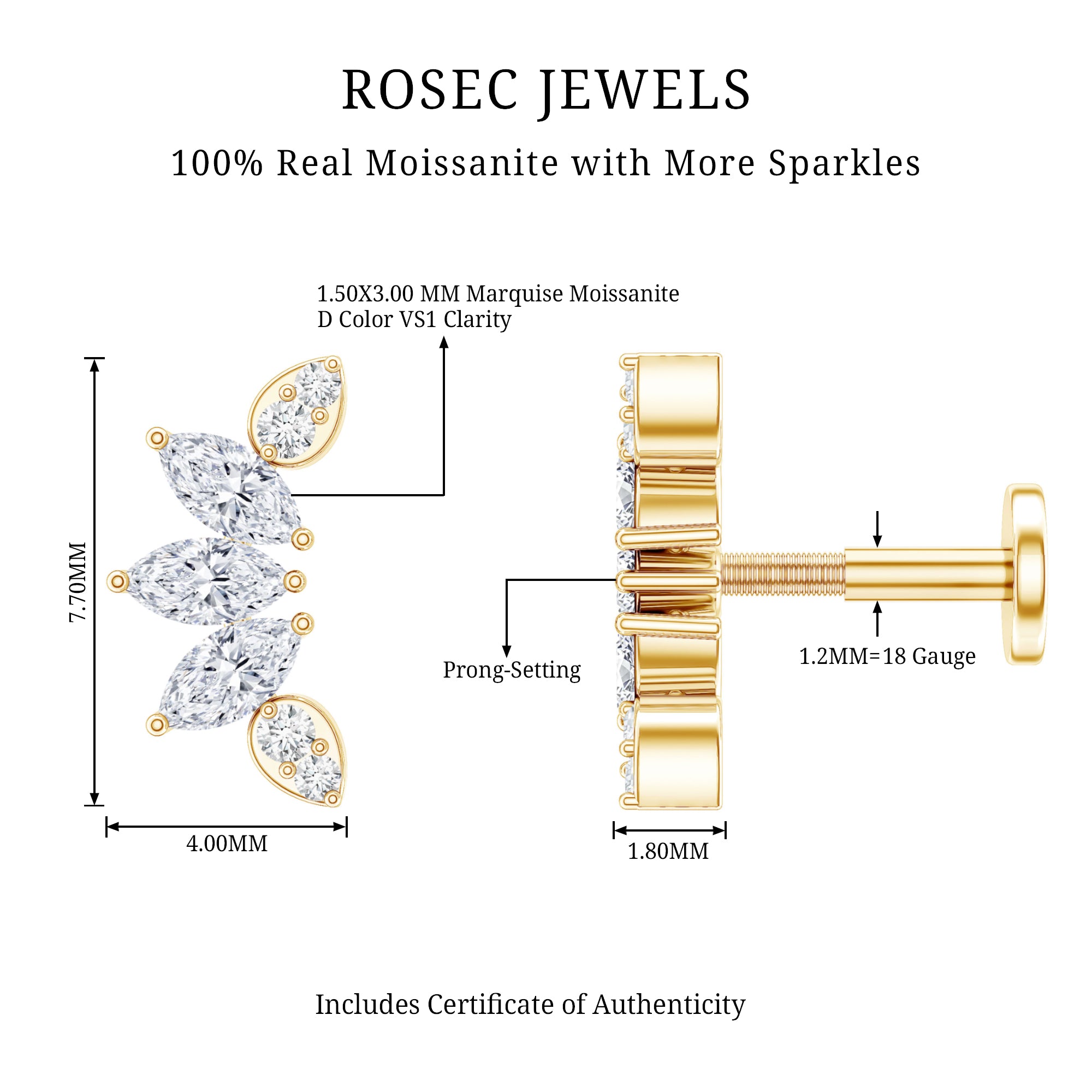 Marquise and Round Cut Moissanite Curved Leaf Helix Earring D-VS1 - Rosec Jewels