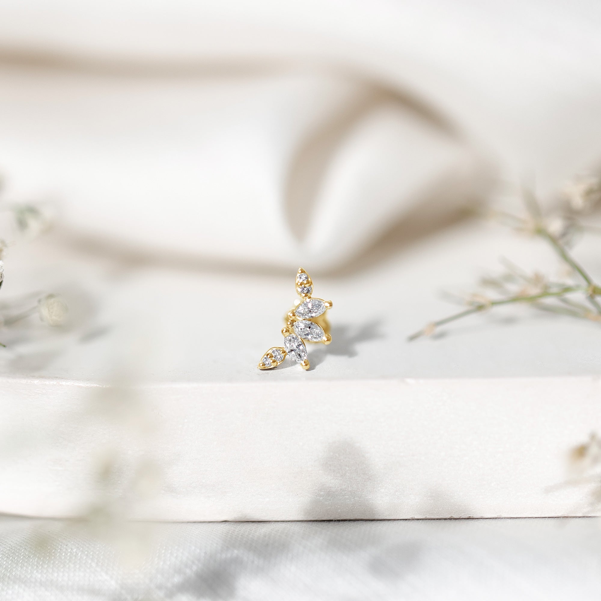 Marquise and Round Cut Moissanite Curved Leaf Helix Earring D-VS1 - Rosec Jewels