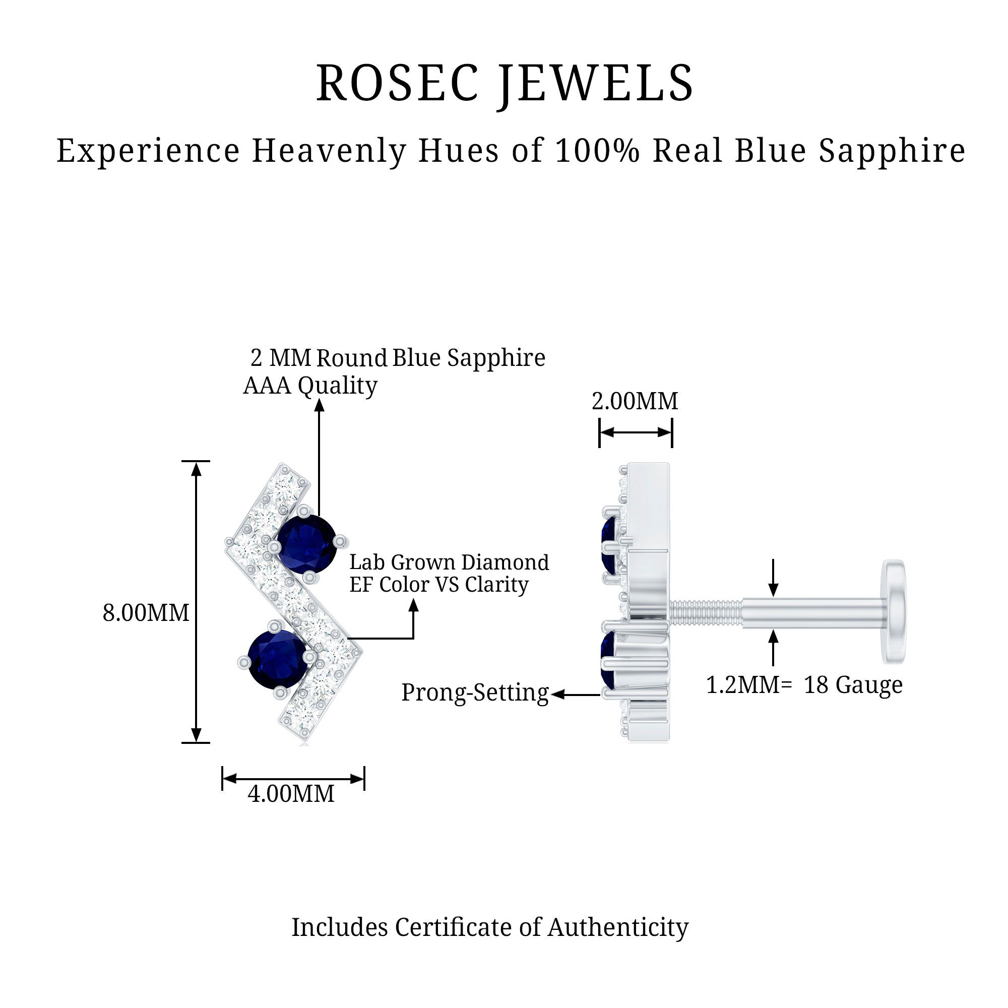 Blue Sapphire and Lab Grown Diamond Zig Zag Helix Earring AAA - Rosec Jewels