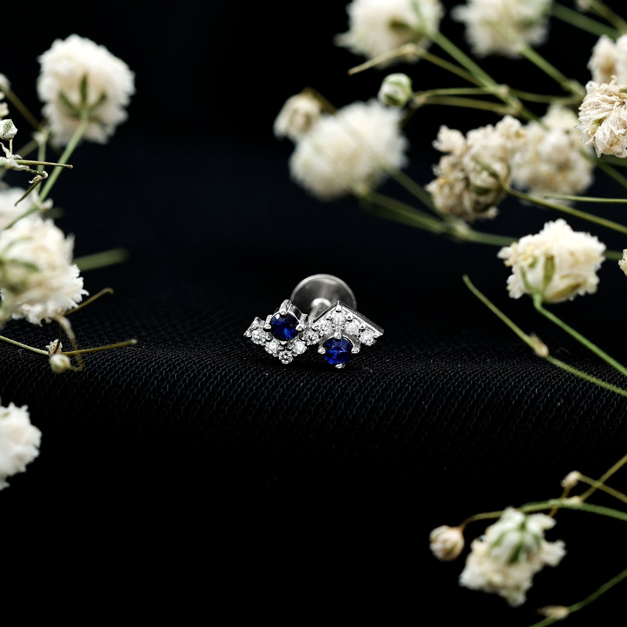 Blue Sapphire and Lab Grown Diamond Zig Zag Helix Earring AAA - Rosec Jewels